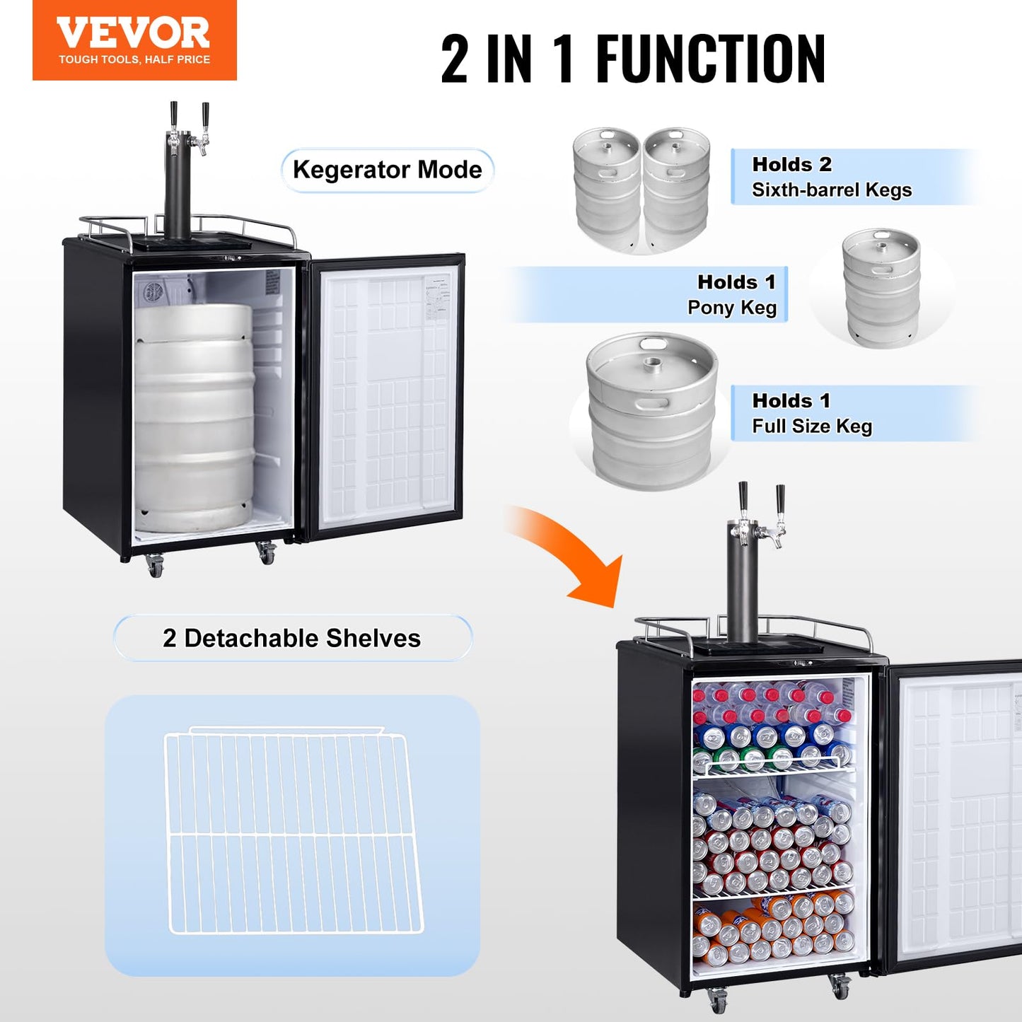 VEVOR Beer Kegerator, Dual Tap Commercial Draft Beer Dispenser for D system, Full Size Keg Refrigerator with 5lbs CO2 Tank, Hold 2 Sixth / 3 Ball lock keg, Silver