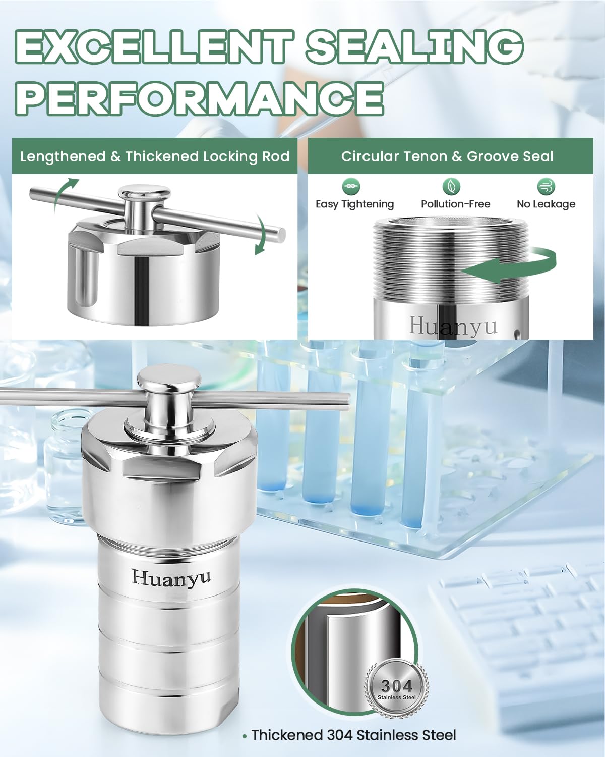 Huanyu 100ml PTFE Lined Hydrothermal Synthesis Autoclave Reactor 200℃ 4Mpa PTFE Lining Corrosion Resistance Hydrothermal Autoclave Reactor 304 Stainless Steel Shell for Lab Hydrothermal Process 100ml