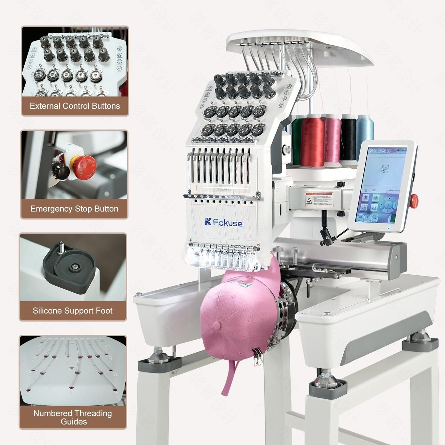Fokuse brand FKS-1001 Commercial Embroidery Machine with 10 needle, Embroidery Area 14.2"x9.5", 1200SPM Max Speed, 7" Touch Screen, suitable for T-shirt, Hat, Flat, Bag and more
