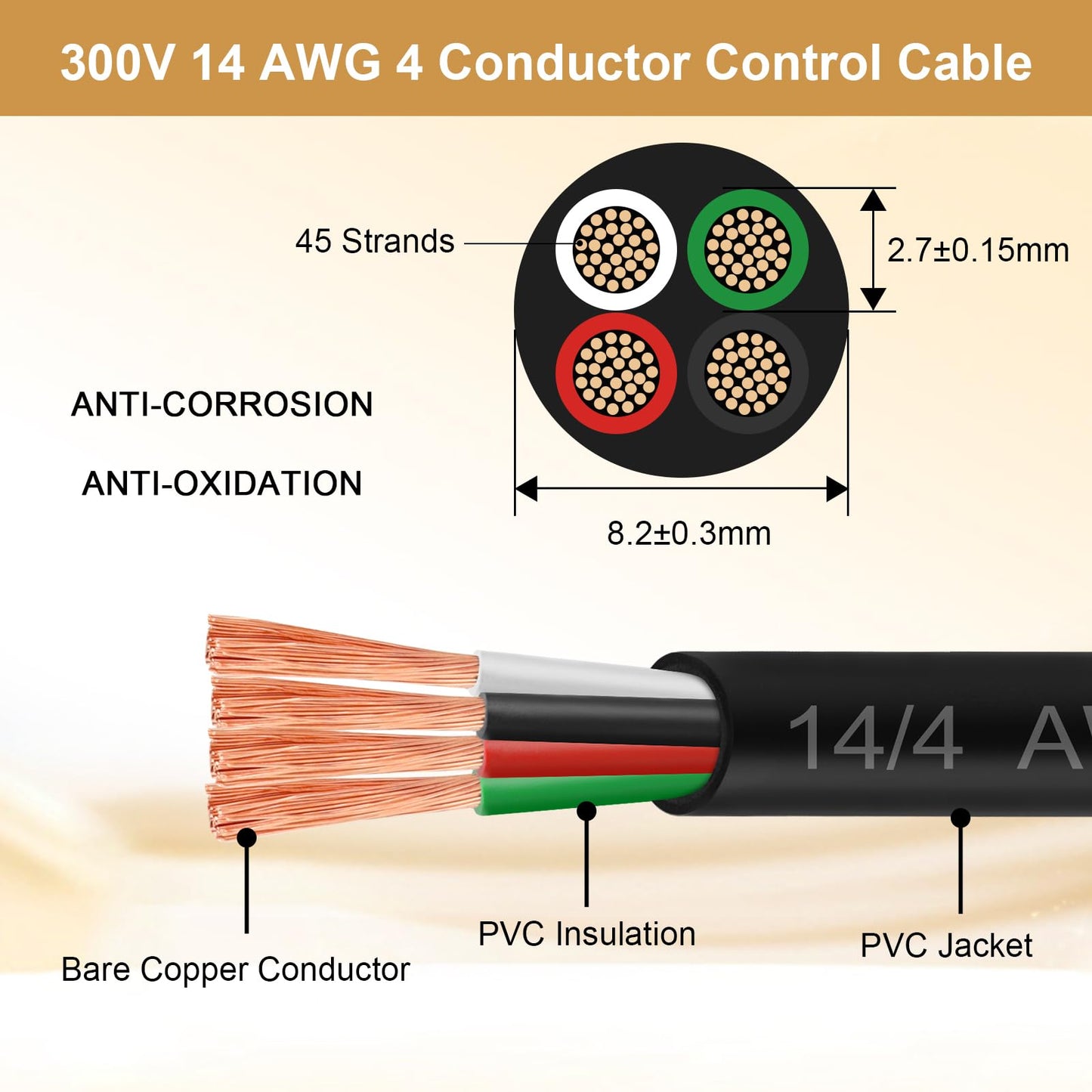 MOOKEERF 14/4 AWG Mini-Split Cable - 200FT 14 AWG 4 Conductor Control Cable 300V Stranded Oxygen-Free Pure Copper Wire for Mini Split Air Conditioner,Heat Pump,HVAC Systems and Speaker Systems