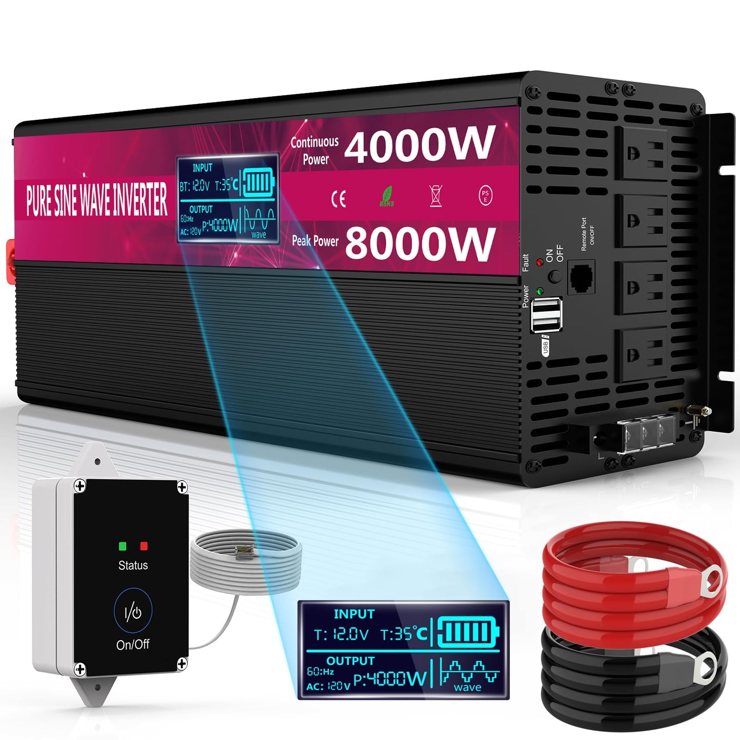 4000W Pure Sine Wave Power Inverter 12V DC to 110V/120V AC, 8000W Peak with Remote Control, 4 AC Outlets, Dual USB, LED Display, Heavy Duty Converter for RV, Truck, Solar System, Off-Grid & Emergency