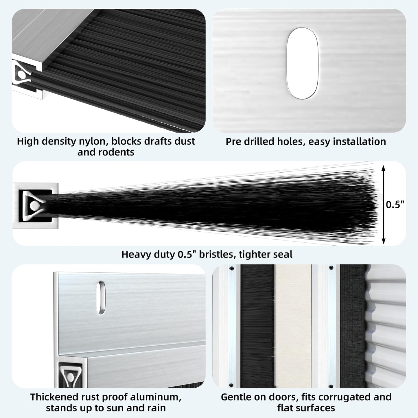 10 x 10 ft Garage Door Seal Kit, 3" Thickened Nylon Bristles with Aluminum Track, Heavy Duty Weather Roll Up Door Seal, for Commercial, Barn, Warehouse, Corrugated Doors, 2 Top & 4 Side Brushes