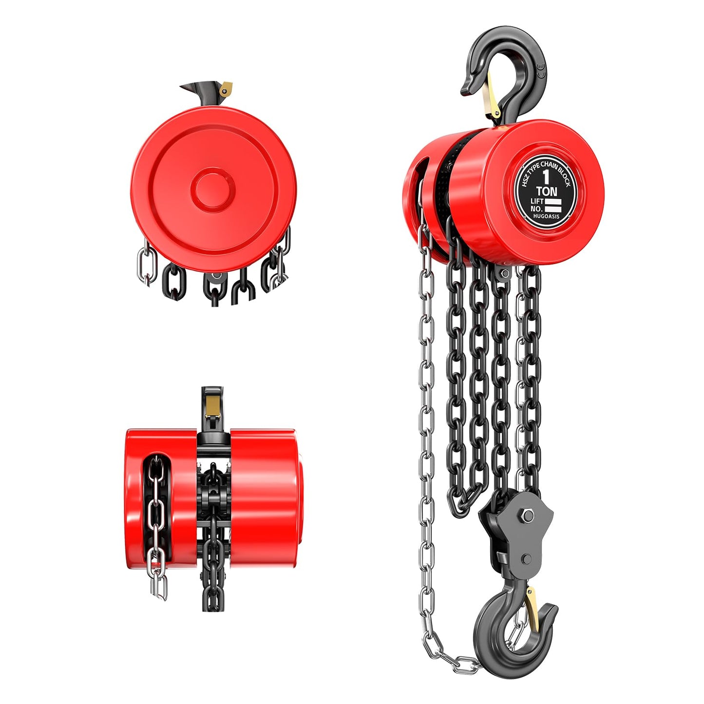 HUGOASIS Hand Chain Hoist 1Ton 2200lbs Capacity 10ft Lift,G80 Galvanized Steel Manual Chain Fall with 2 Heavy Duty Hooks for Warehouse Automotive Building,Red
