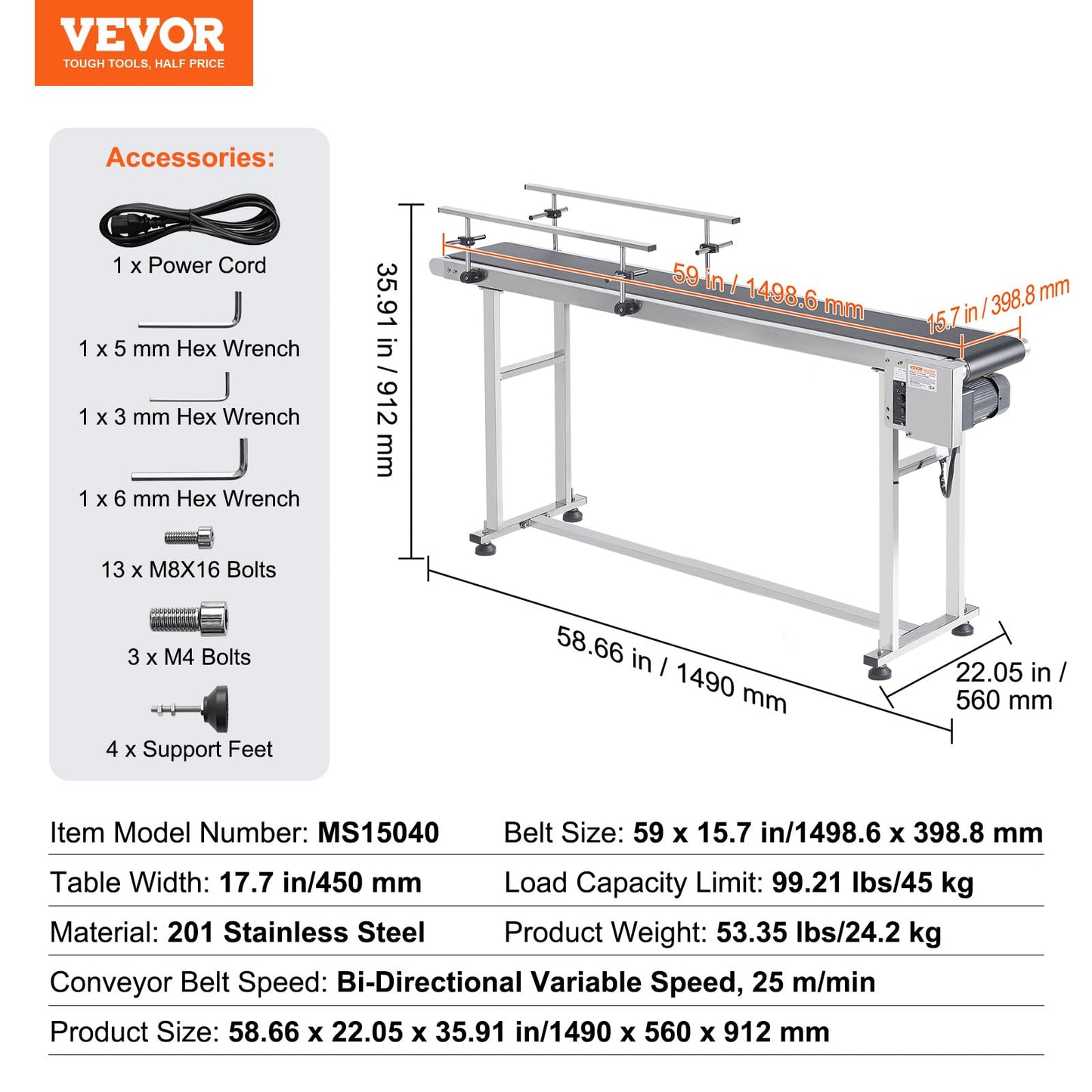 VEVOR Belt Conveyor, 59 x 15.7 inch ConveyorTable, Heavy Duty Stainless Steel Motorized BeltConveyor for Inkjet Coding Applications Powered PVCBelt Anti-Static Adjustable Speed (Double Guardrail)