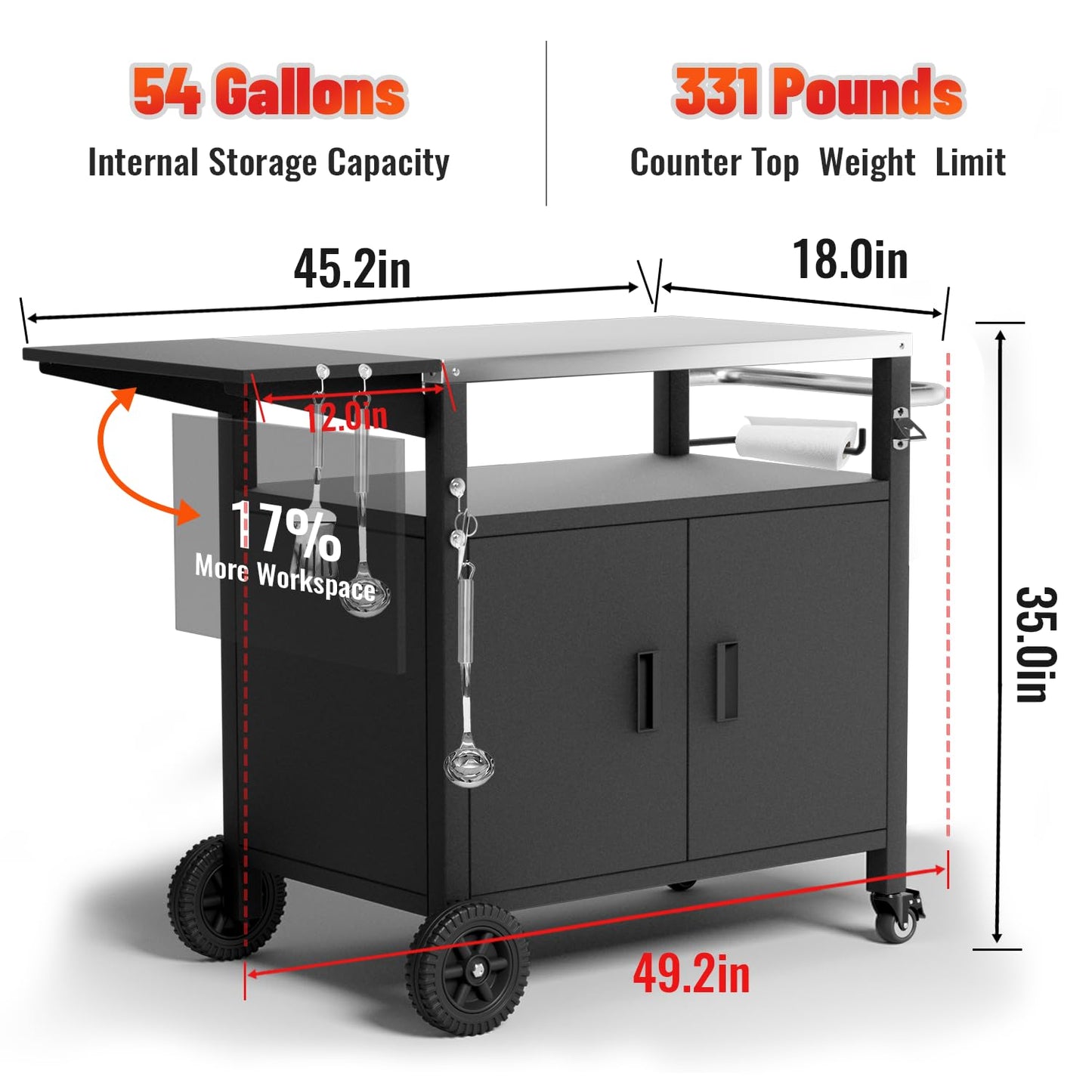 Verinox Outdoor Grill Cart with Cabinet, Large Storage & Lockable Wheels, Extra Foldable Table Top, Outdoor Kitchen Island Grill Table for Camping, Patio, Backyard & Tailgating