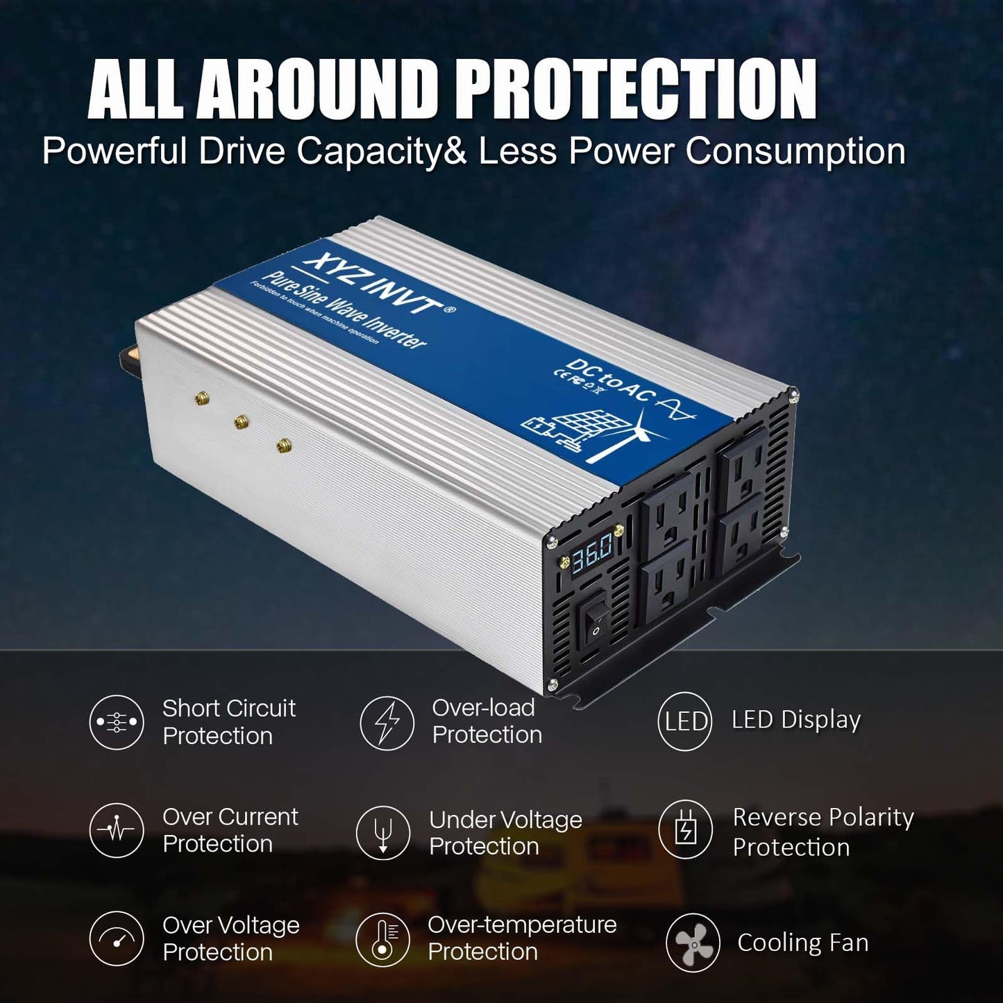 XYZ INVT 2000W Pure Sine Wave Inverter DC 12V to AC 110V 120V, 3600W Peak Power Inverter with 4 AC Outlets and LED Display for Car, Truck, Solar, Home Off Grid Over 90% Efficiency