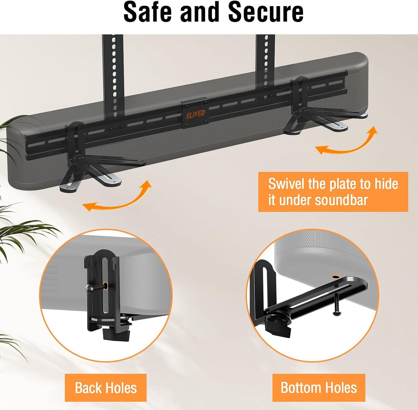ELIVED 6.5" 17.7" 15 Lbs, YD5011 Soundbar Mount Under TV, Sound Bar TV Mounting Bracket with Holders Swivel to fit