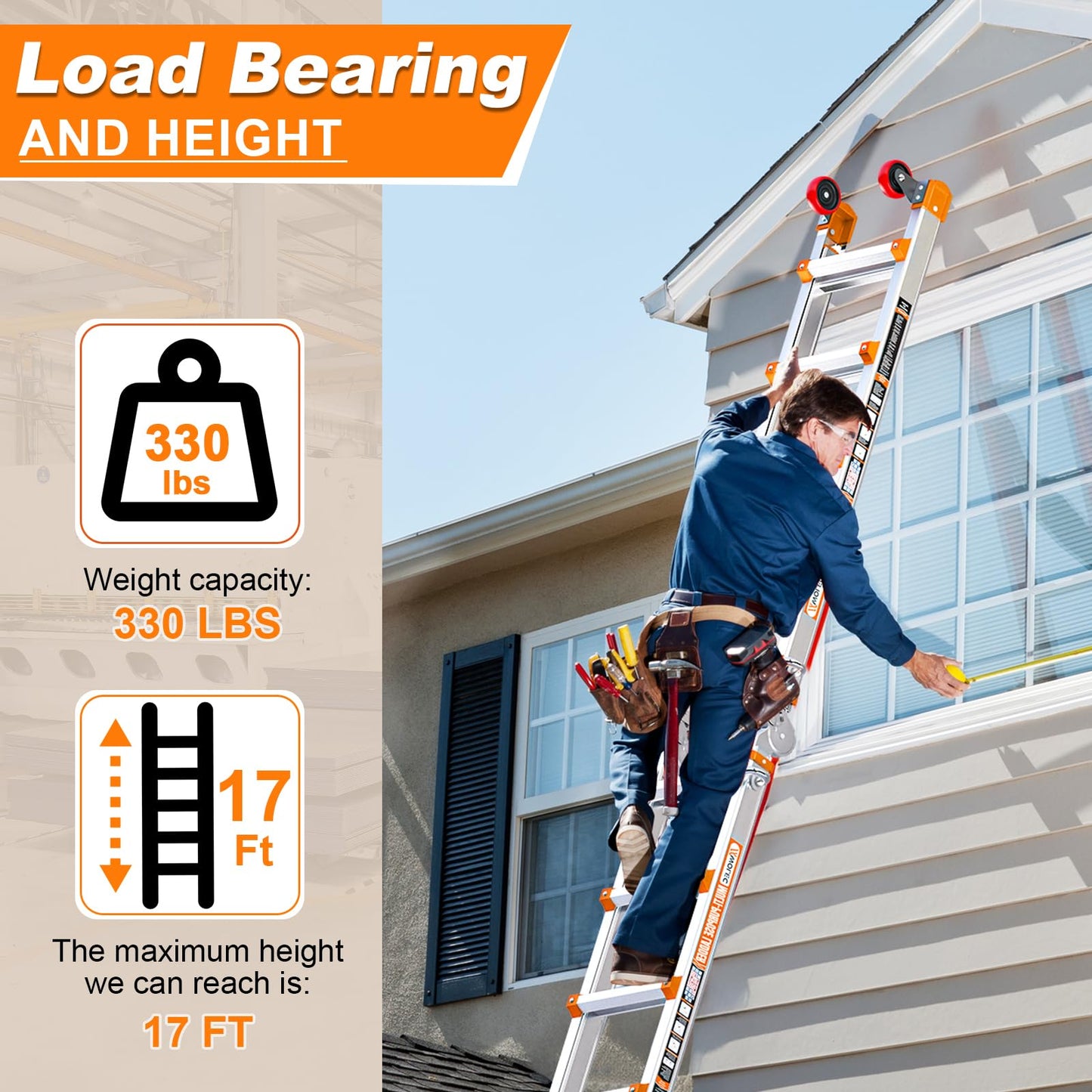 Wolec 17FT A Frame Extension Ladder, Aluminum Alloy 5-Step Ladder with Stabilizer Bar & Rolling Wheels, 330 LBS Heavy Duty, Multi-Use Ladder for Stairs Home Roof Indoor Outdoor Projects (Orange)