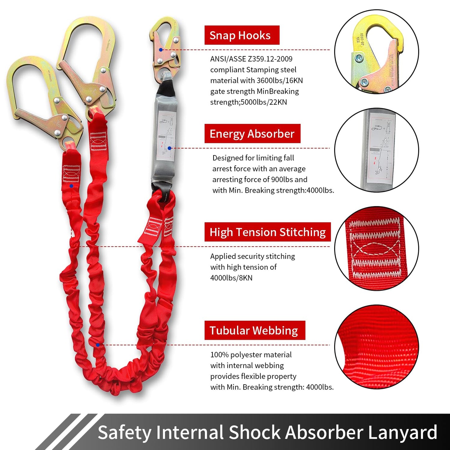 Safety Harness Fall Protection Lanyard-6FT Double Leg Internal Shock Absorbing Safety Lanyard for Consturction,Roofer, Scaffolding -Heavy-Duty Hooks| OSHA & ANSI Rated(Red, 2 Leg)