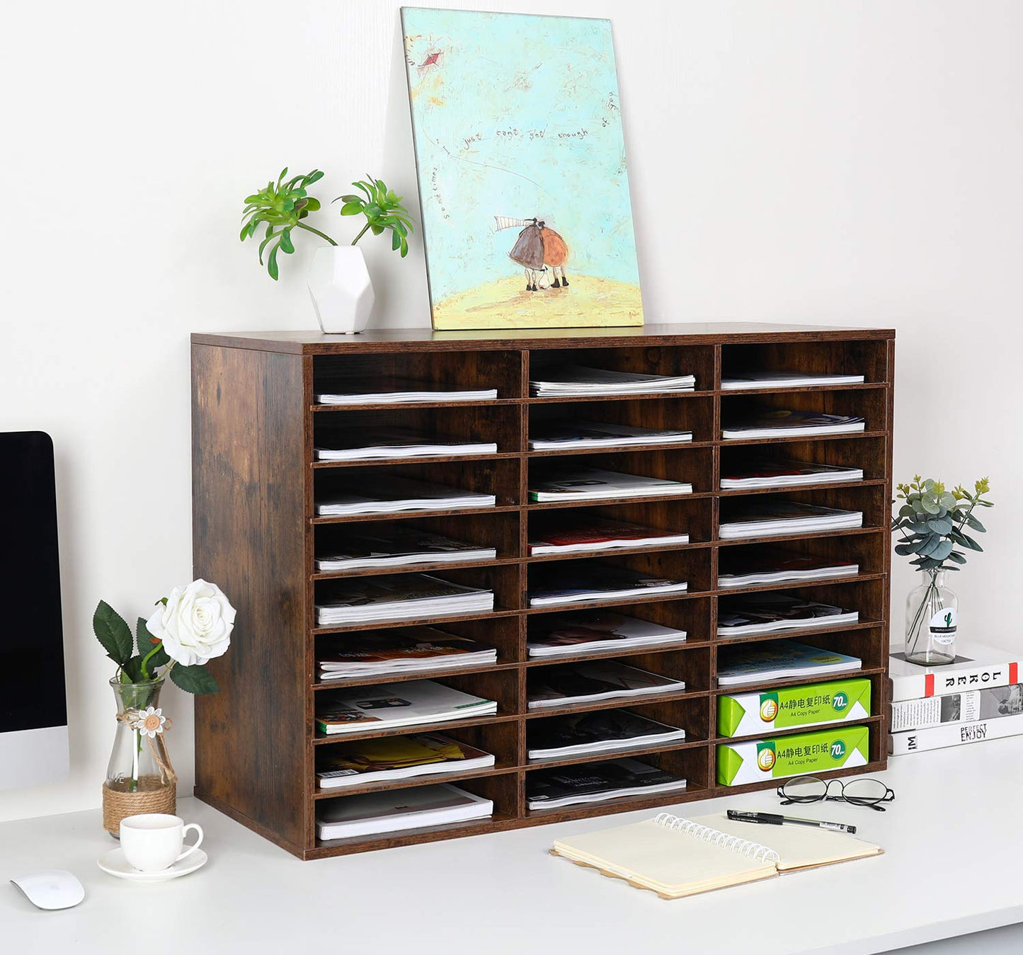 EasyPAG 27 Compartments Wooden Literature Organizer with Adjustable Shelves, 13500 Sheets Capacity Paper Organizer, Classroom Mailbox and Mail Sorter for Teachers and Office, Archaize