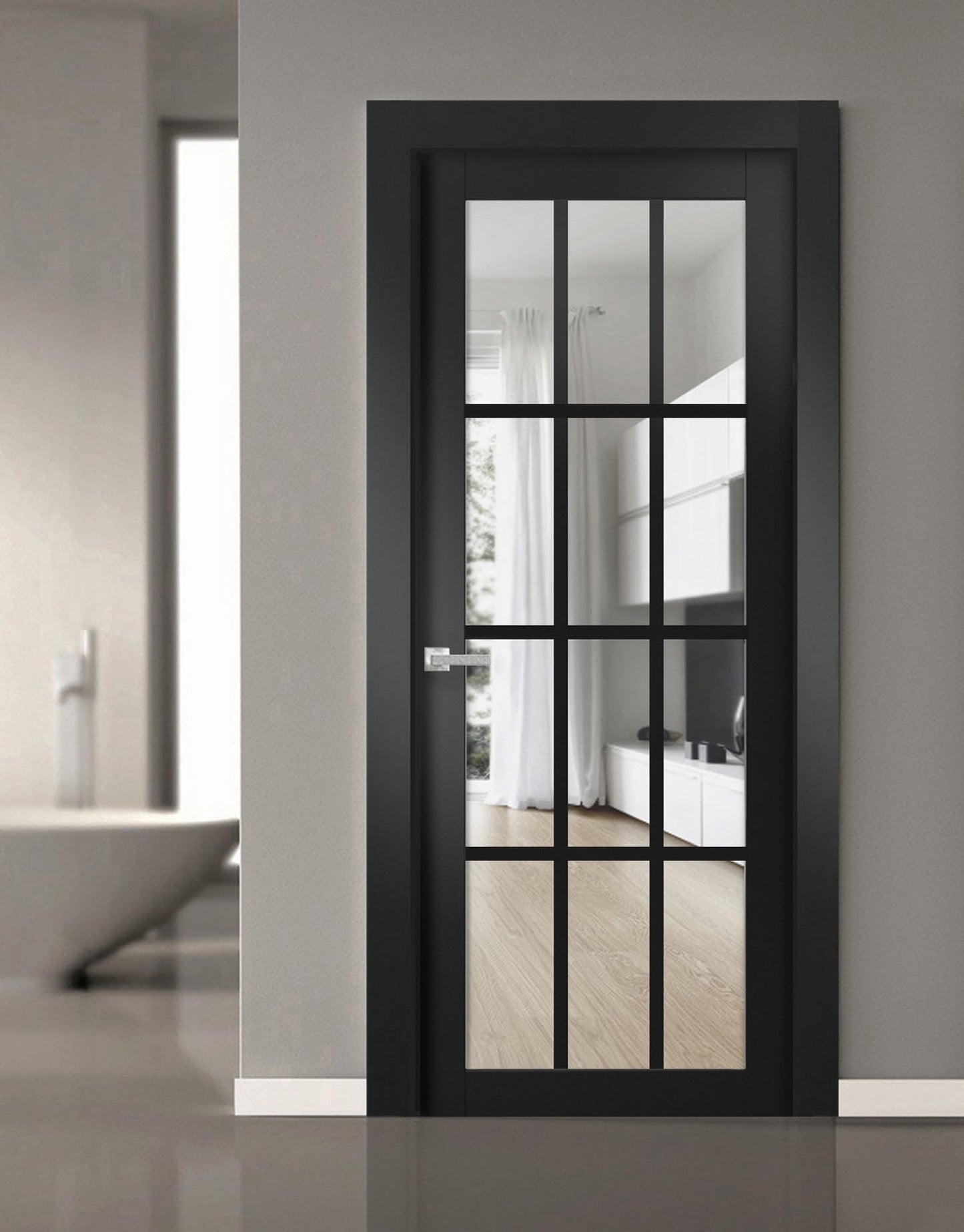 Solid Interior French Pre-Hung Door | Felicia 3355 Matte Black with Clear Glass | Single Regular Panel Frame Trims Handle | Bathroom Bedroom Sturdy Doors -28" x 80"