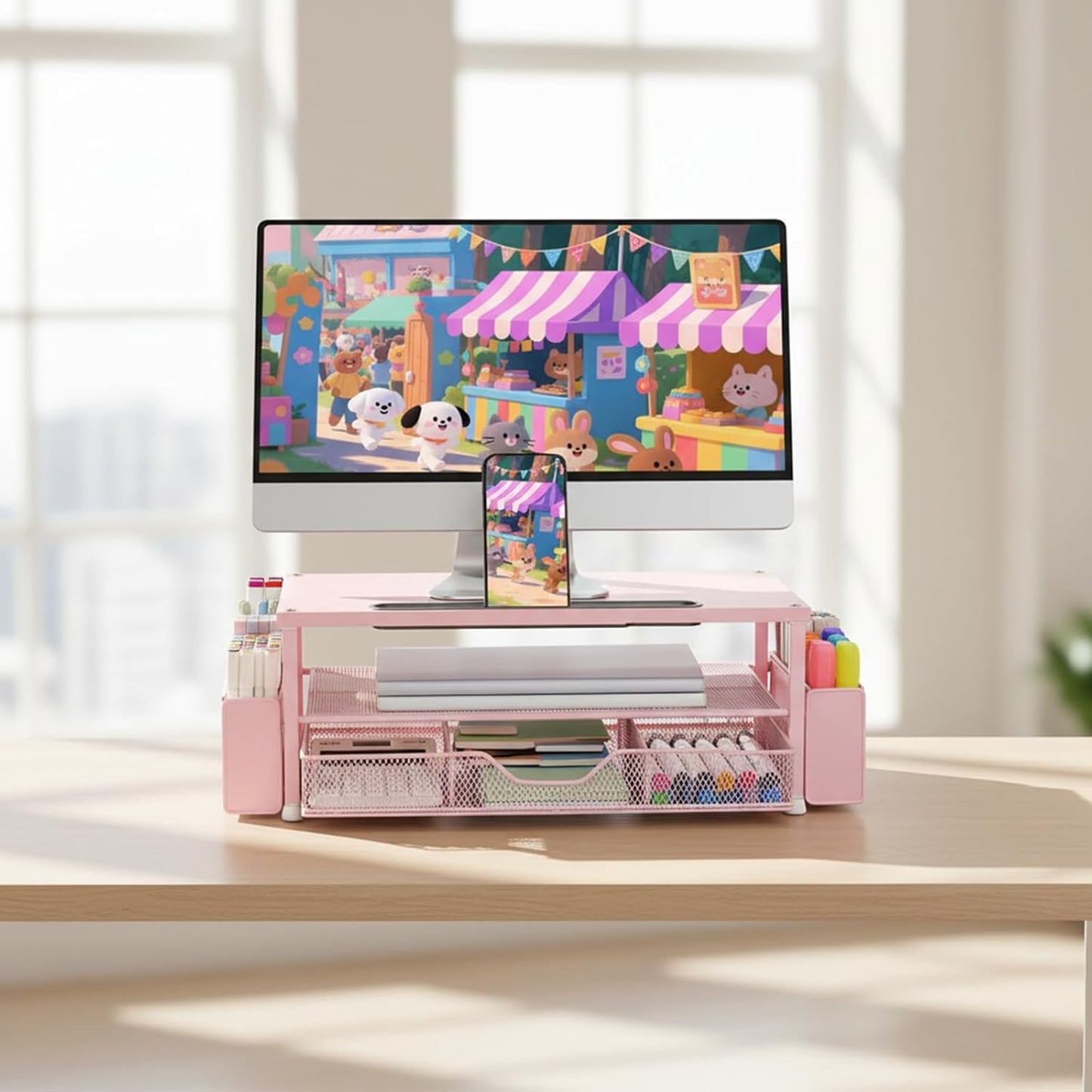 2-Tier AUPSEN Pink Desk Organizers and Accessories, Wood Computer Monitor Stand with Drawer, Pen Storage & Phone