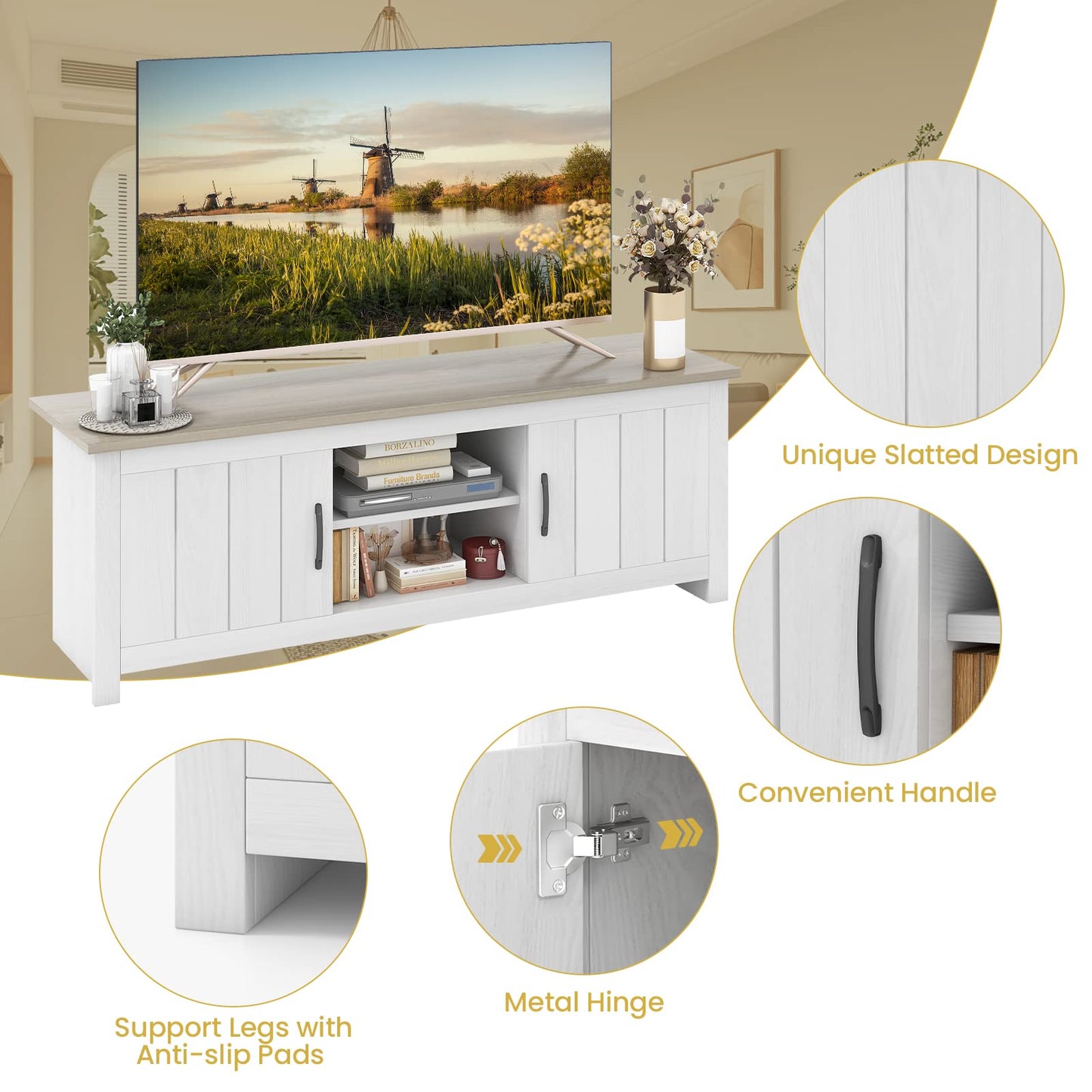 Tangkula 2 Doors TV Stand for TVs up to 65”, 57” Media Console Table w/ 2 Cabinets & Open Shelves, 2 Cable Management Holes. Wood Entertainment Center Cabinet for Living Room (White Oak)