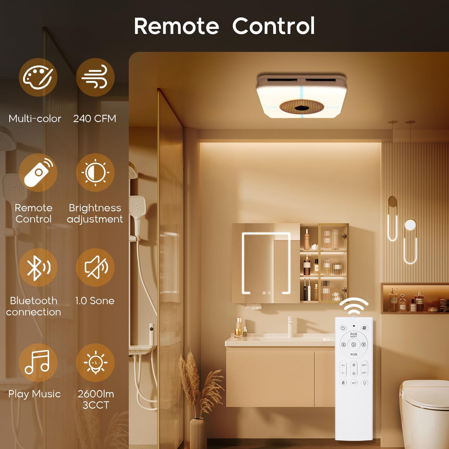 TOYOUSEA Bathroom Exhaust Fan with Light, 240 CFM Ventilation Fan with 3 Dynamic Light, 7 RGB Modes, 3 Color 3000K-6500K Temperatures Nightlight,Remote,13 IN Panel,Mounting Opening 11.8IN
