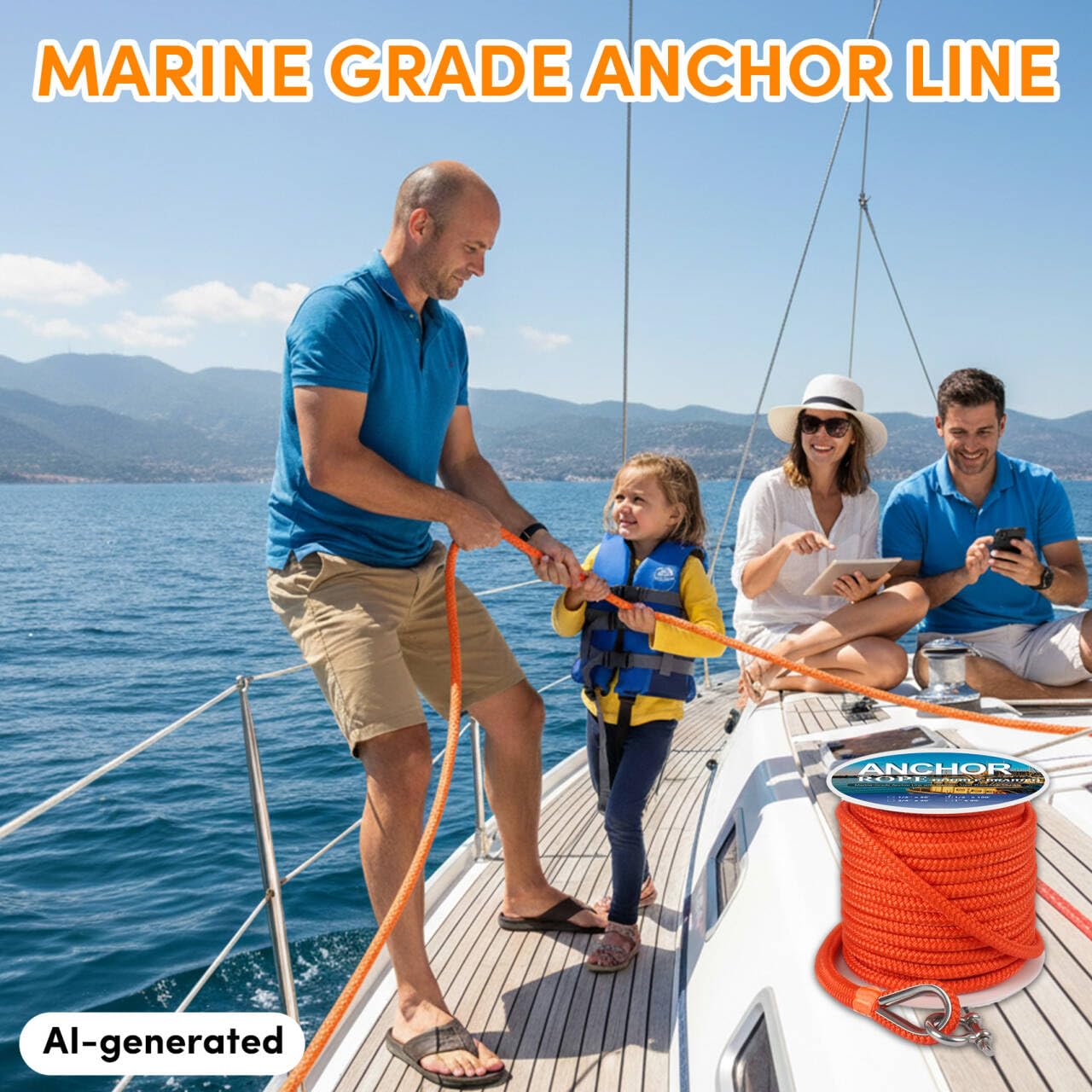 Anchor Rope 50 ft X 1/2 inch, Double Braided Anchor Line, Boat Rope with Stainless Steel Thimble and Shackle for Boating, Anchoring, Mooring, Pulling (Orange)