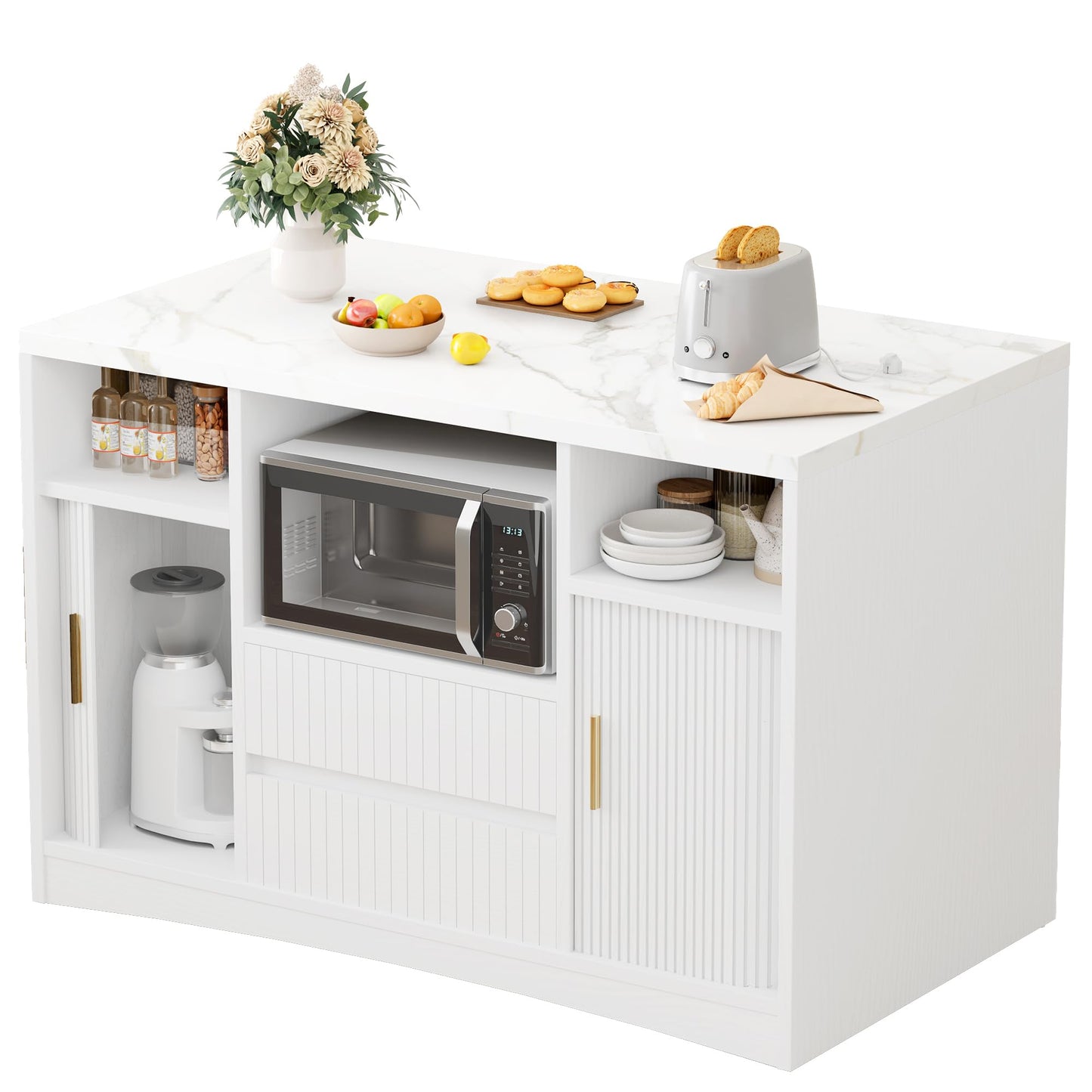 Homiflex Kitchen Island with Storage, Island Table for Kitchen with Power Outlet & LED Light, Rolling Buffet Cabinet with Fluted Sliding Door, 2 Drawers, Large Countertop, White