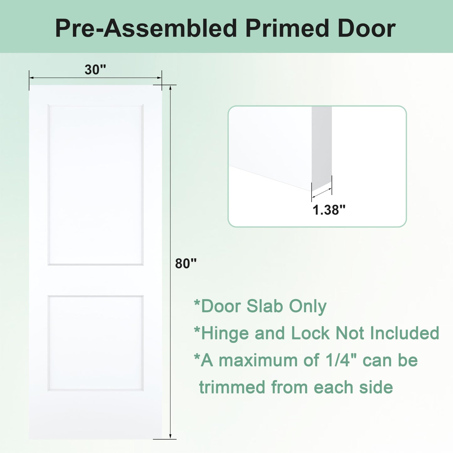 JUBEST 30"x80" 2-Panel Shaker Style White Primed Hollow Core Interior Molded Door Slab, NOT Pre-drilled and NOT Included Hardware, Pre-Assembled Interior Door for Pantry, Laundry, Closet
