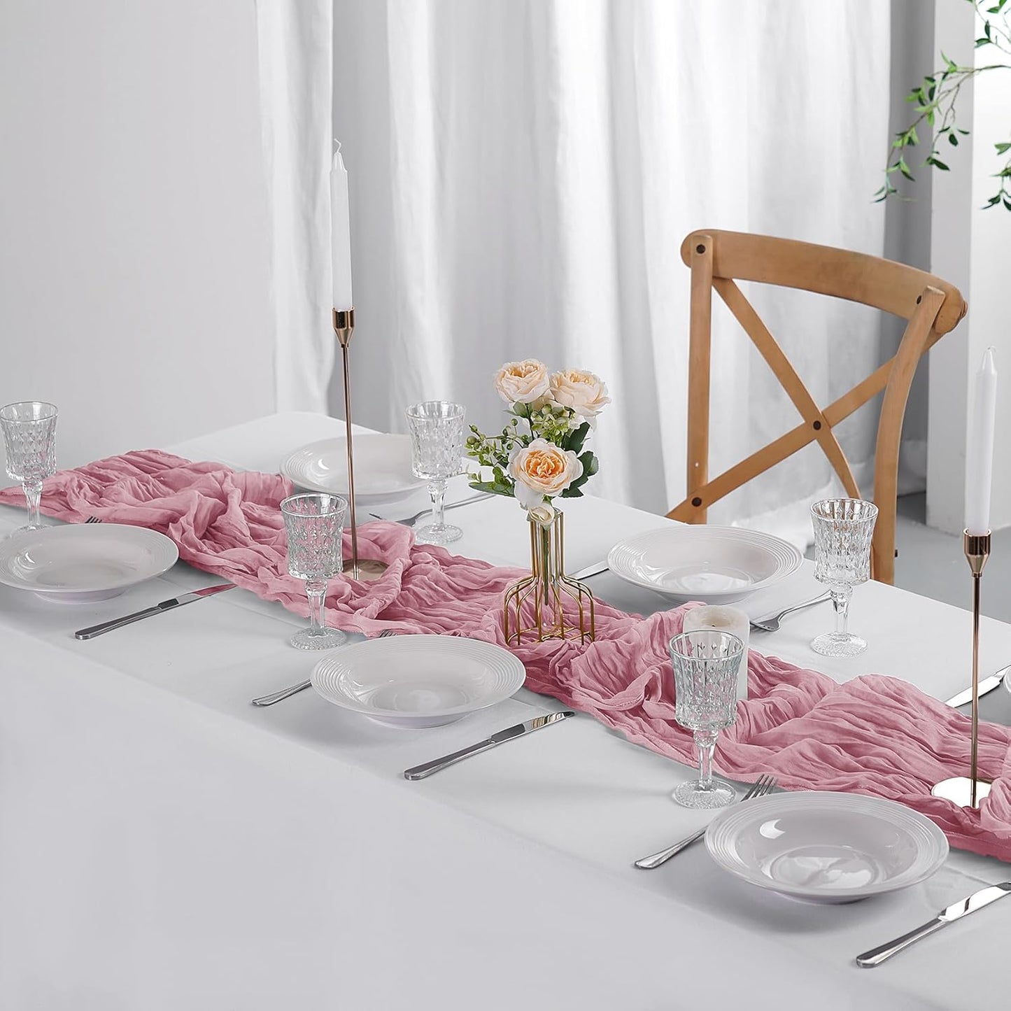 Skiennix 6 Pack Cheesecloth Table Runner - 9ft Rustic Pink Gauze for Weddings & Events | 17 x 108 Inch