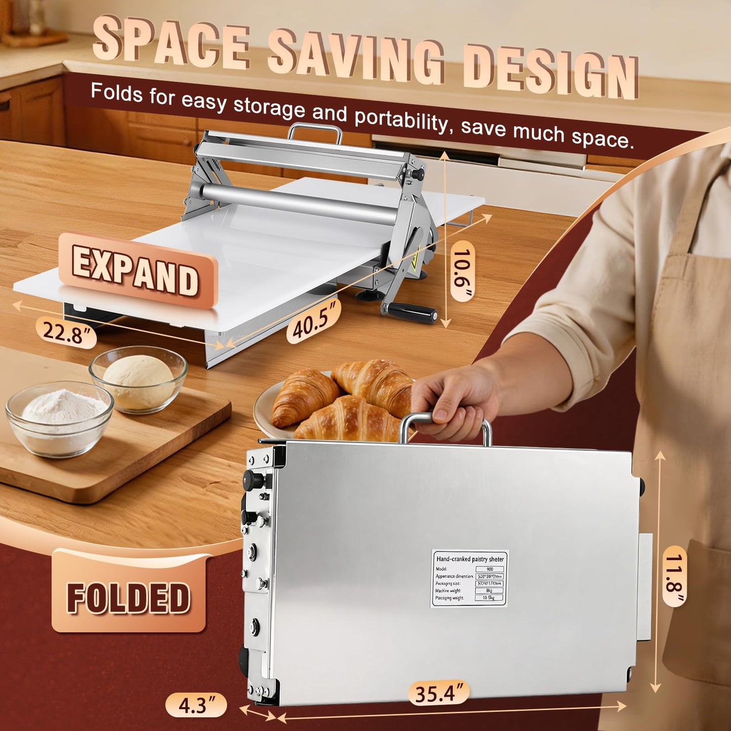 Folding Dough Sheeter 15.5" Manual Dough Roller Machine Croissant Dough Laminator Thickness Adjustable Suitable for Pizza, Croissants, Puff Pastry, Pasta Stainless Steel
