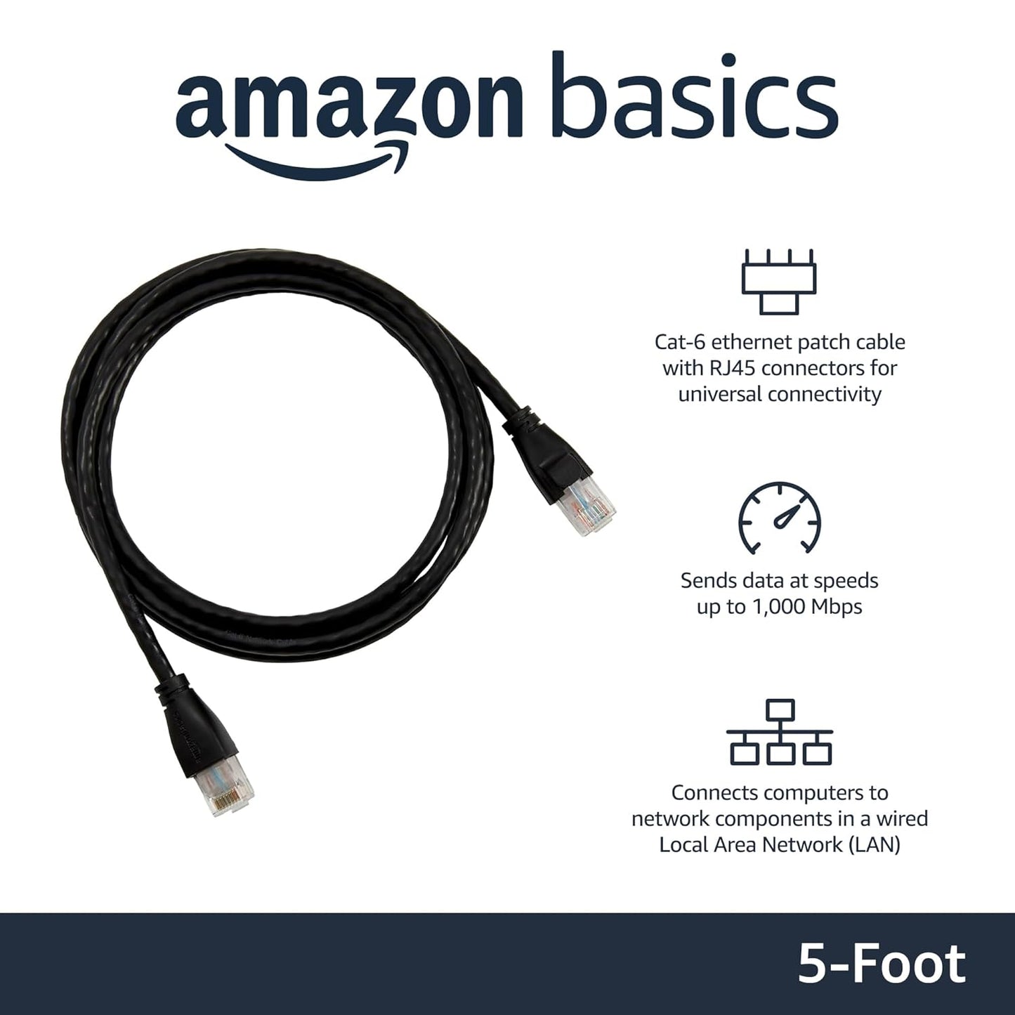 RJ45 Cat-6 1Gpbs 5-Foot, 5-Pack Amazon Basics Ethernet Patch Internet Cable, Transfer Speed, Gold-Plated Connectors