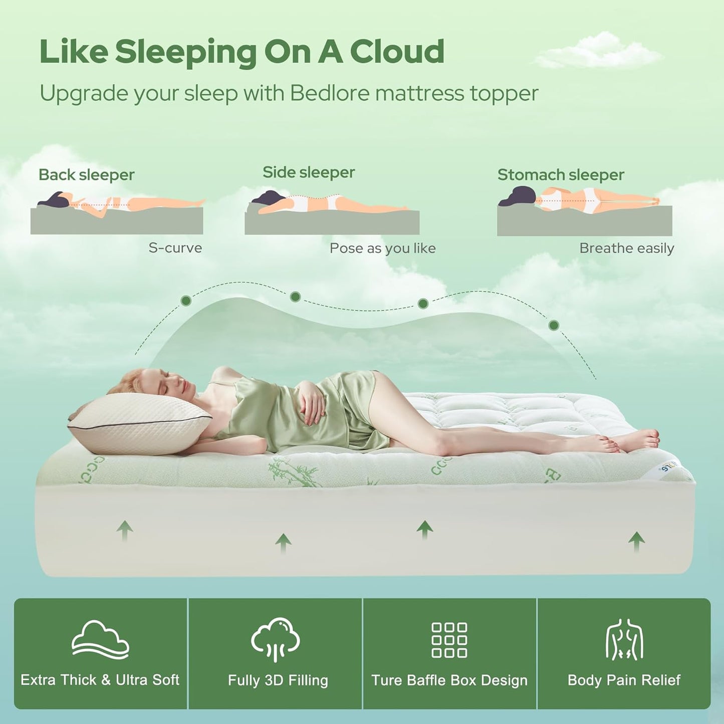 BEDLORE Twin XL Mattress Topper - Soft Bamboo Viscose Pillow Top with Deep Pockets for Comfort