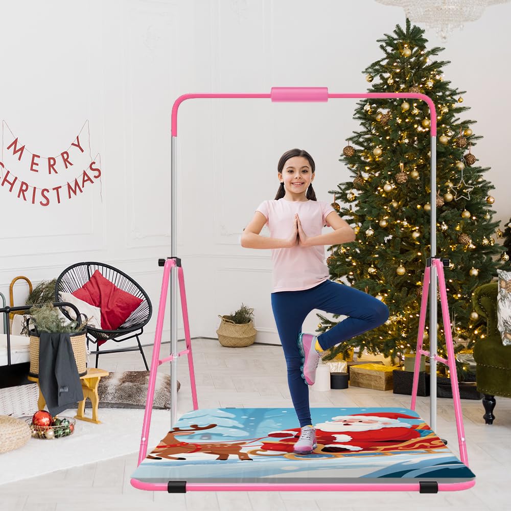 Jivifao Gymnastics Bar with Self-Inflating Mat for Kids, Adjustable Height Gymnastic Horizontal Bars with Mat, Folding Gymnastic Training Monkey Bars, Junior Expandable Training Kip Bar for Home