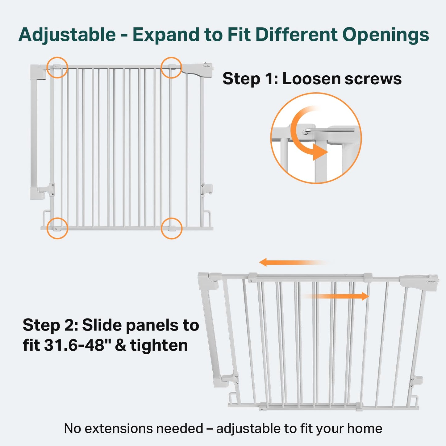 Cumbor 34" Extra Tall Baby Gate for Stairs, Hardware Mounted (Drill Required), Expandable 31.6-48" No Bottom Bar Dog Gate Indoor for Larger Pets, Large Walk Thru Door for Easy Access (White)