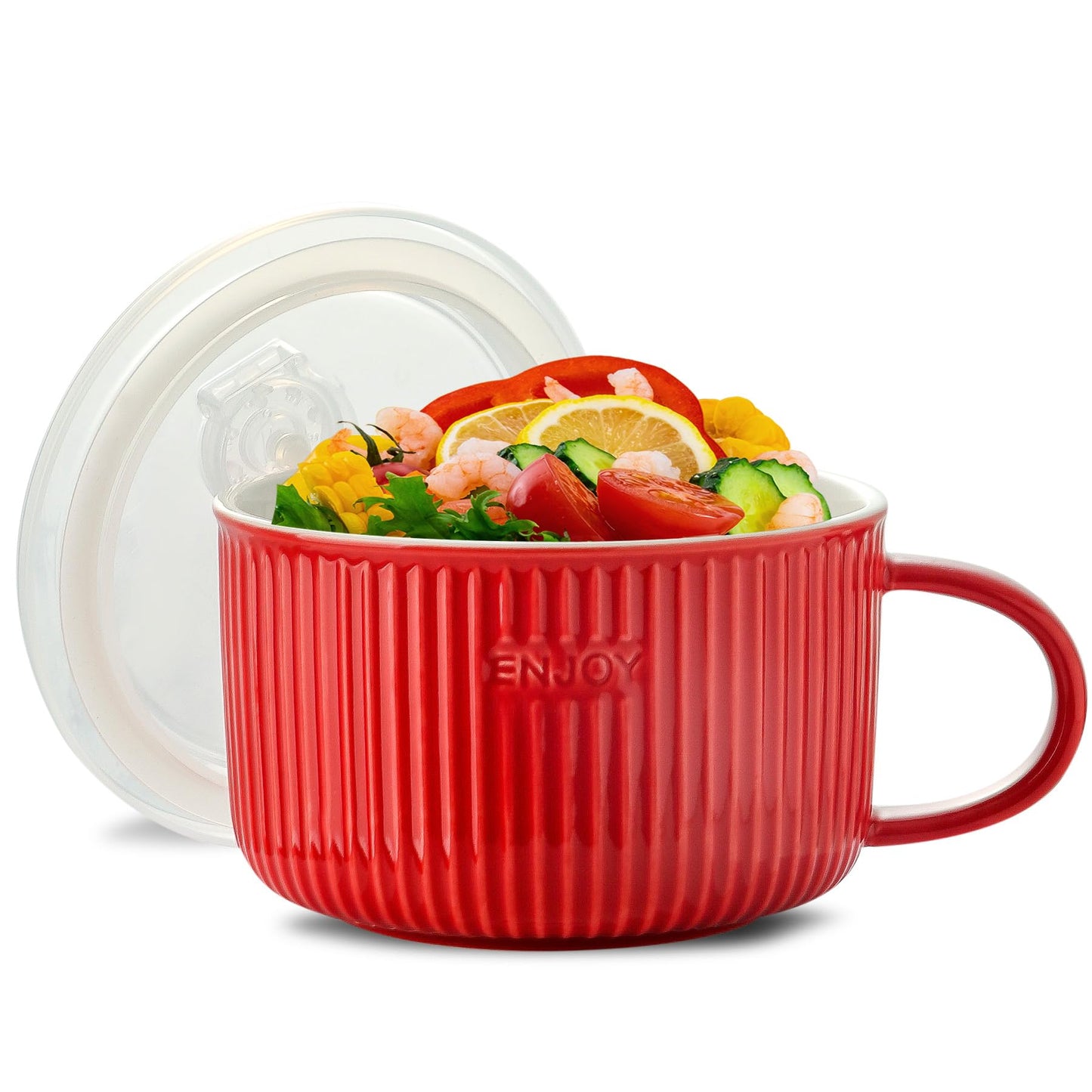 Seyatoo Soup Bowl with Handle, 5.6 inch Ceramic Soup Mug with Lid, Large Microwave Soup Cup Ramen Bowl for Oatmeal, Salad, Ramen and Instant Noodles, Red