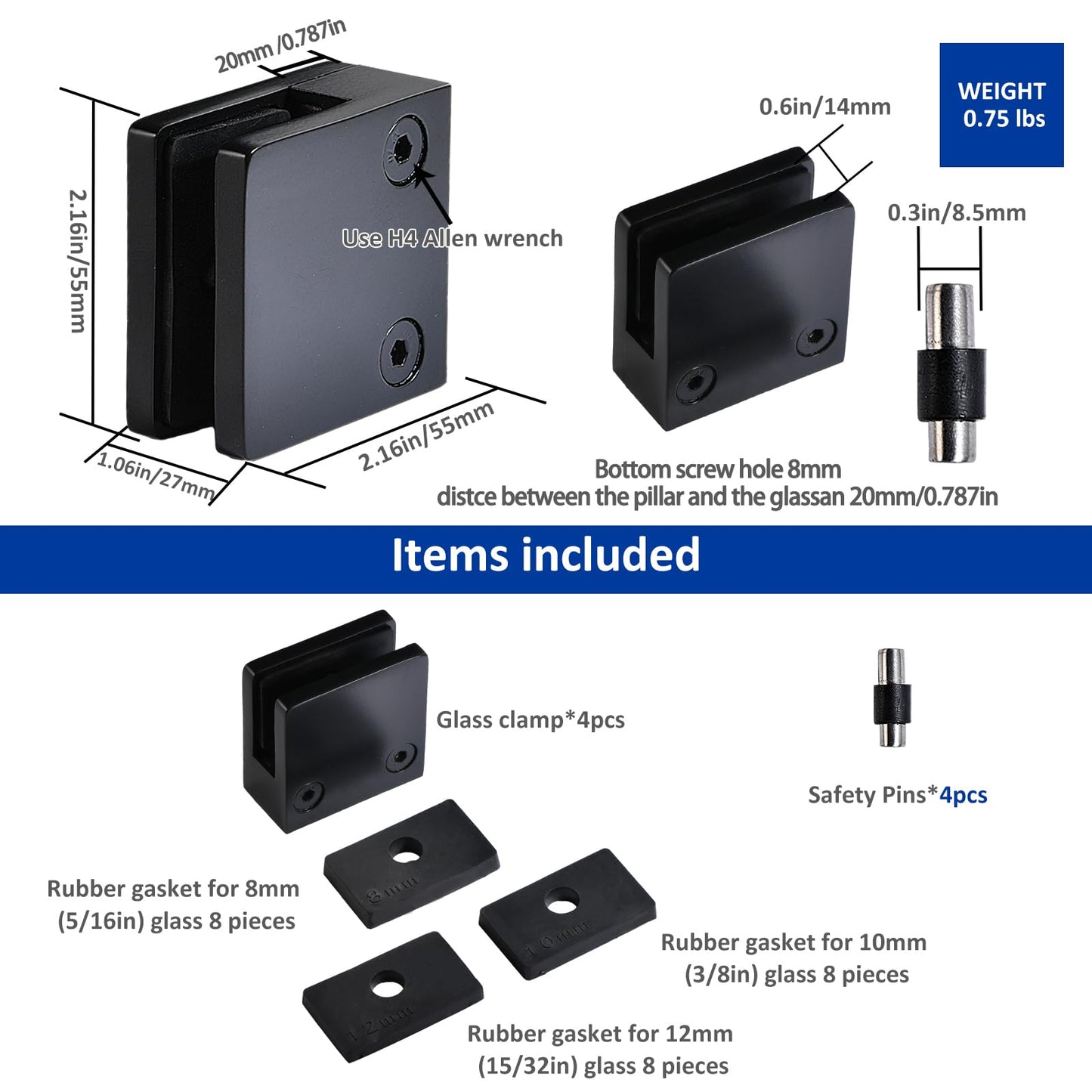 Glass Clamp－4PCS Adjustable Glass Shelf Bracket, 1/3 "-1/2 " 304 Stainless Steel Glass Clamps, Glass Clamp Bracket is Suitable for Railing, Stairs, Glass Wall, All Kinds of Glass (Black-4pcs)