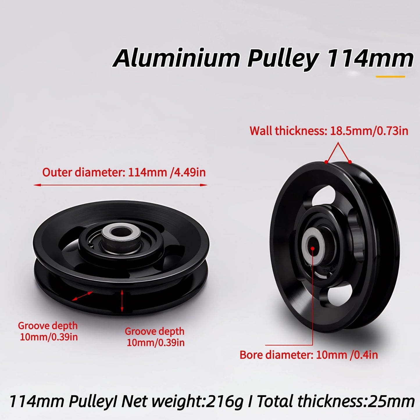 Gueiddi Aluminum Pulley for Home Gym, Load Capacity Sealed Bearing Pulley System, Quiet & Smooth Replacement Gym Pulley Wheel for Cable Machine, LAT Pulldown, Weight Equipment (1, Black, 114-115mm)