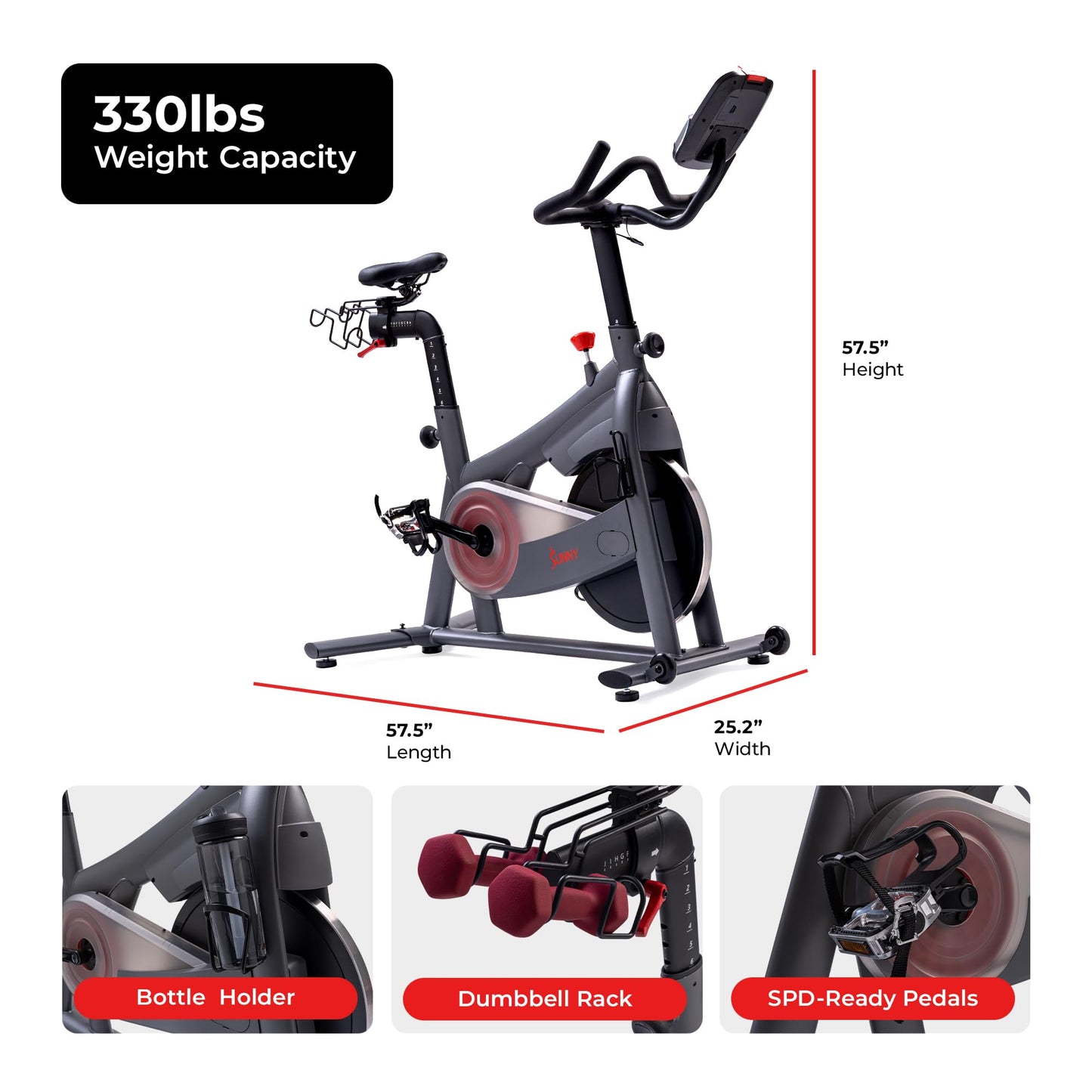 Sunny Health & Fitness Excel 500 Smart Indoor Cycling Bike, 40LB Flywheel Stationary Cardio Exercise Equipement, Free SunnyFit App Connection- SF-B124069