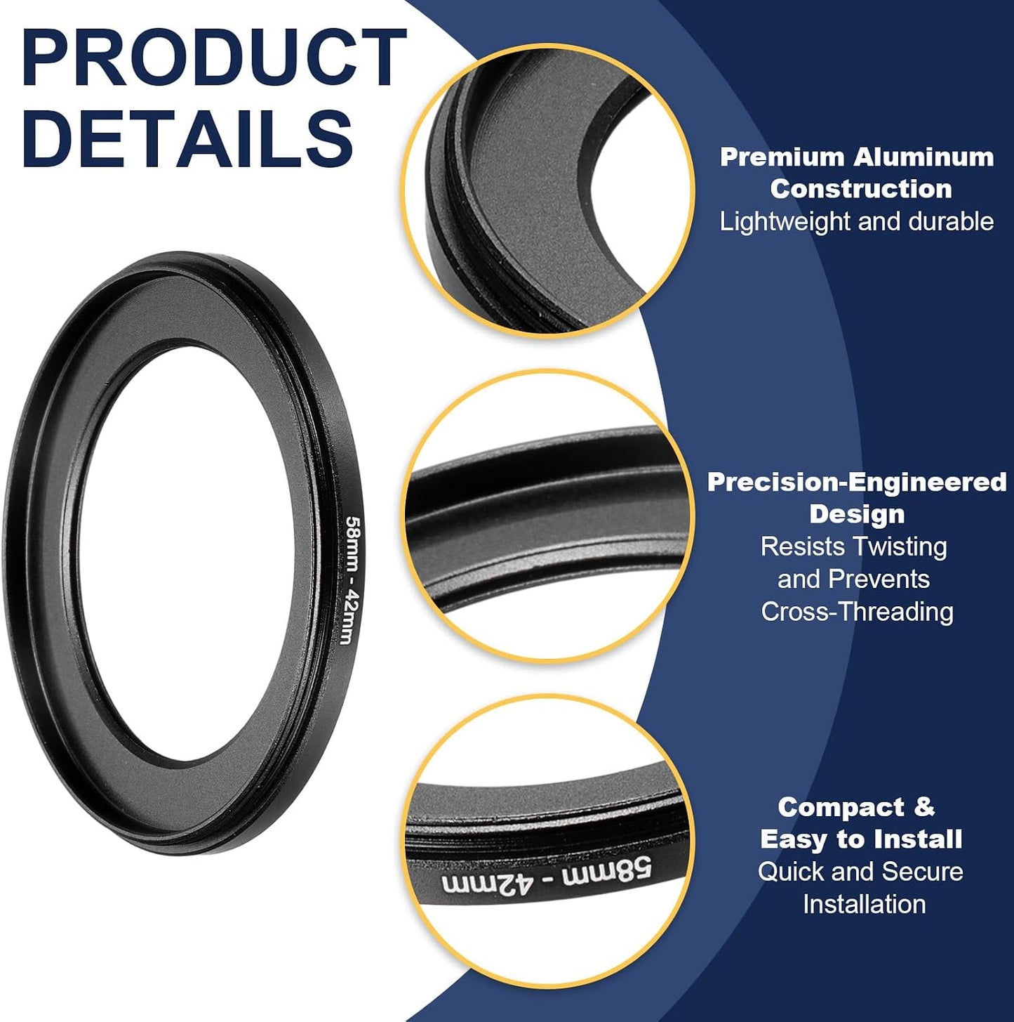 58mm 42mm, PATIKIL Step Down Ring Adapter to Filter Step-Down Rings Camera Lens Filters Metal Ring Digital for ND IR