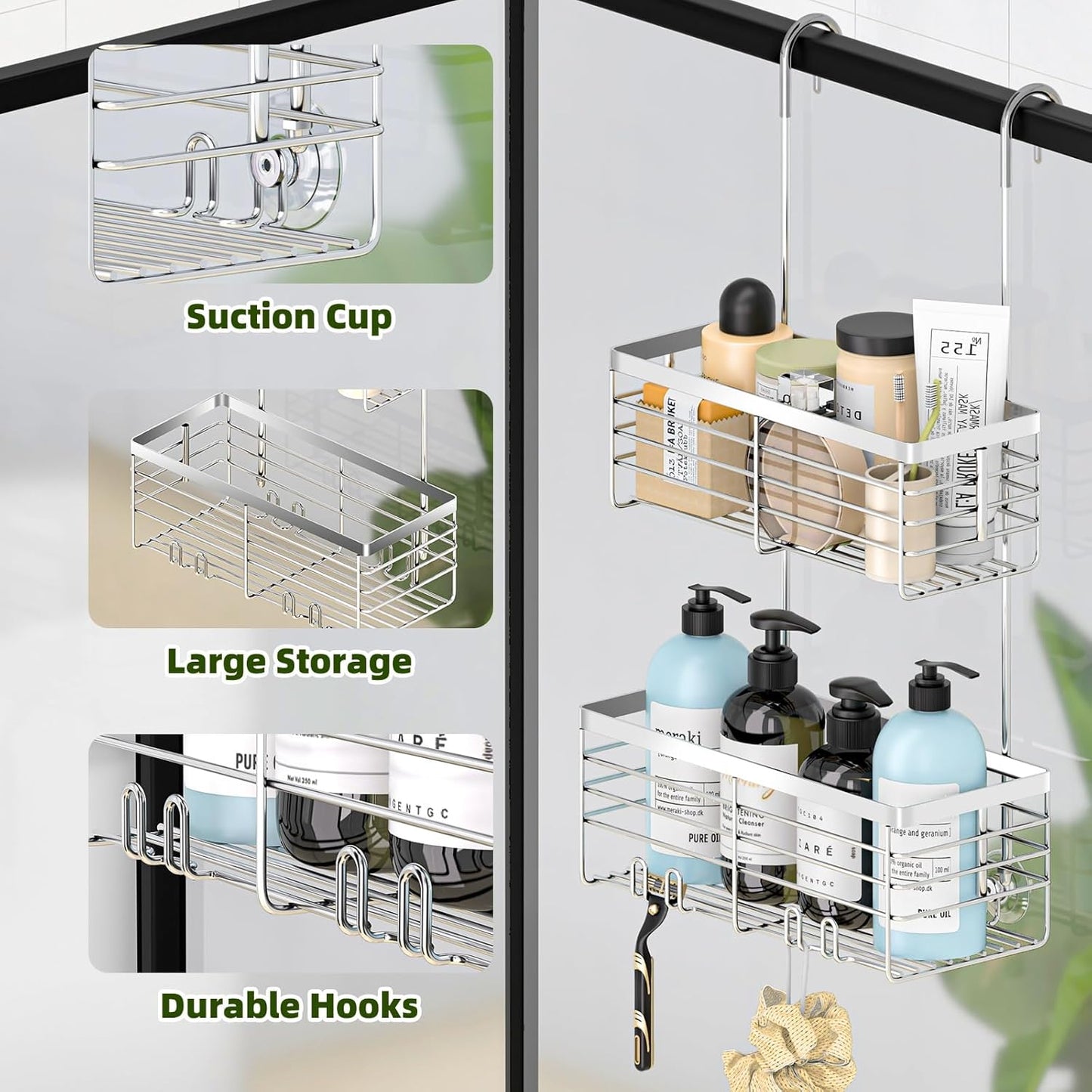 YUOROS Shower Caddy - 2-Tier Over-The-Door Organizer Rack | Rustproof 304 Stainless Steel, Silver Finish