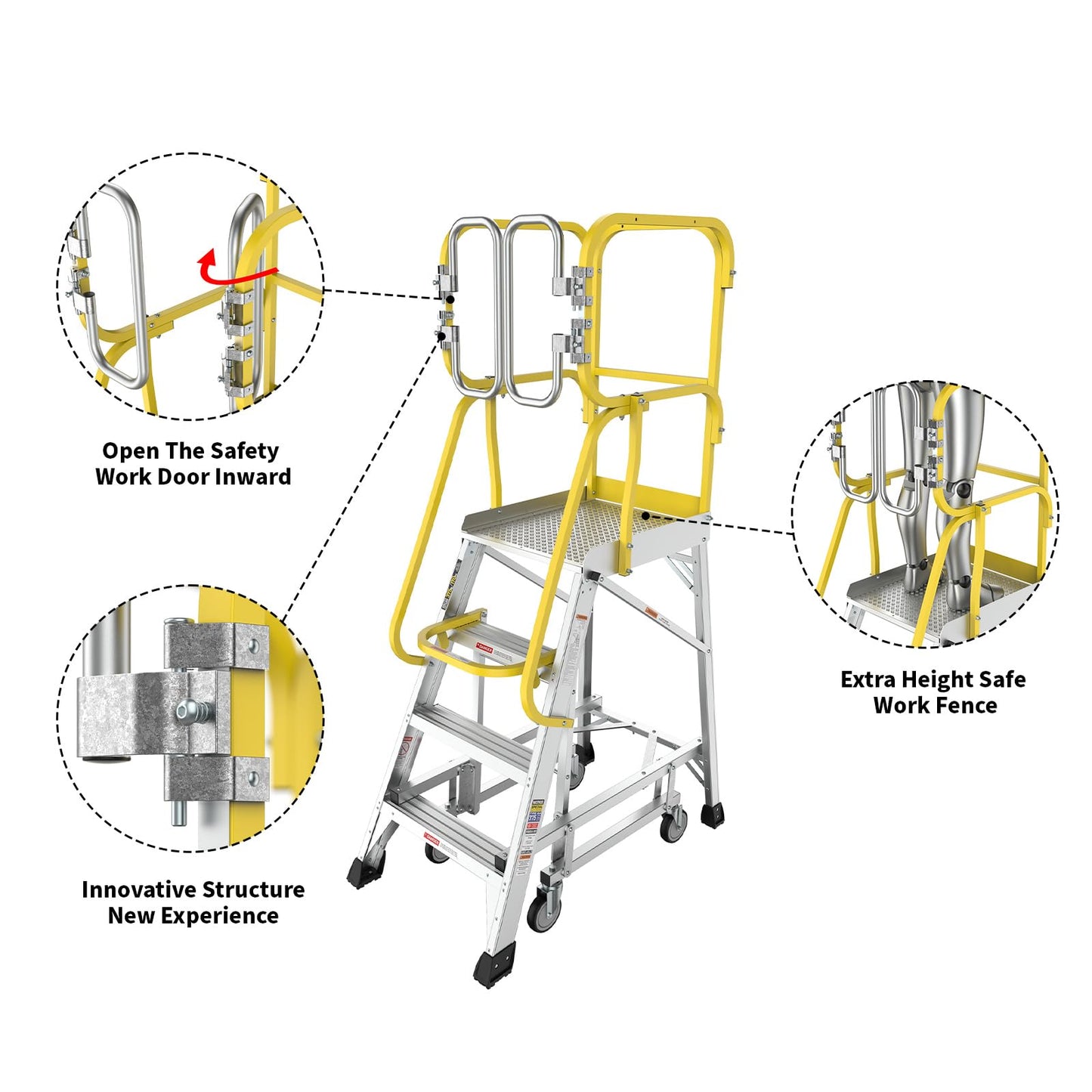 4-Step Aluminum Rolling Platform Ladder, 375 LBS Capacity, Mobile Work Platform with 20"x24" Anti-Slip Standing Surface, Steps Ladder with Wheels & Secure Safety Gate, Meets ANSI Standards
