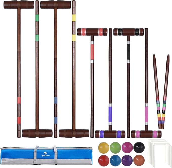 Deluxe 8 Players Croquet Set with 32In Regulation | 28In Standard Size Rubber Wood Mallets, Colored PE Ball, Wickets, 21In End Stakes - Lawn Backyard Game for Teens/Adults/Family