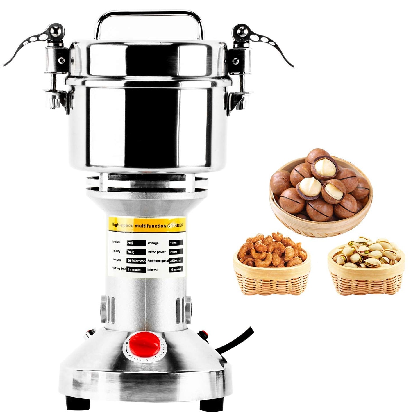 DasMarine 500g High Speed Electric Grain Mill Grinder - Commercial Stainless Steel Spice Grinder with 2500W Motor, 50-300 Mesh, 36000RPM - Ideal for Kitchen Herb, Spice, and Pepper Grinding (500g)