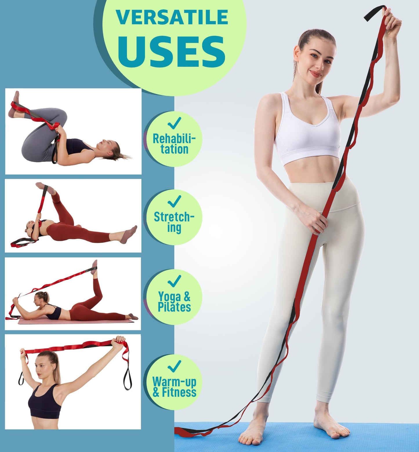 JZOONPVA Calf Stretcher Multi Loop Stretch Strap - Physical Therapy Strap for Stretching, Calf Stretch Yoga Belt with Loops, Hamstring Stretcher, Leg Stretch Band, Fascia Stretcher & Arch Support Bands for Feet