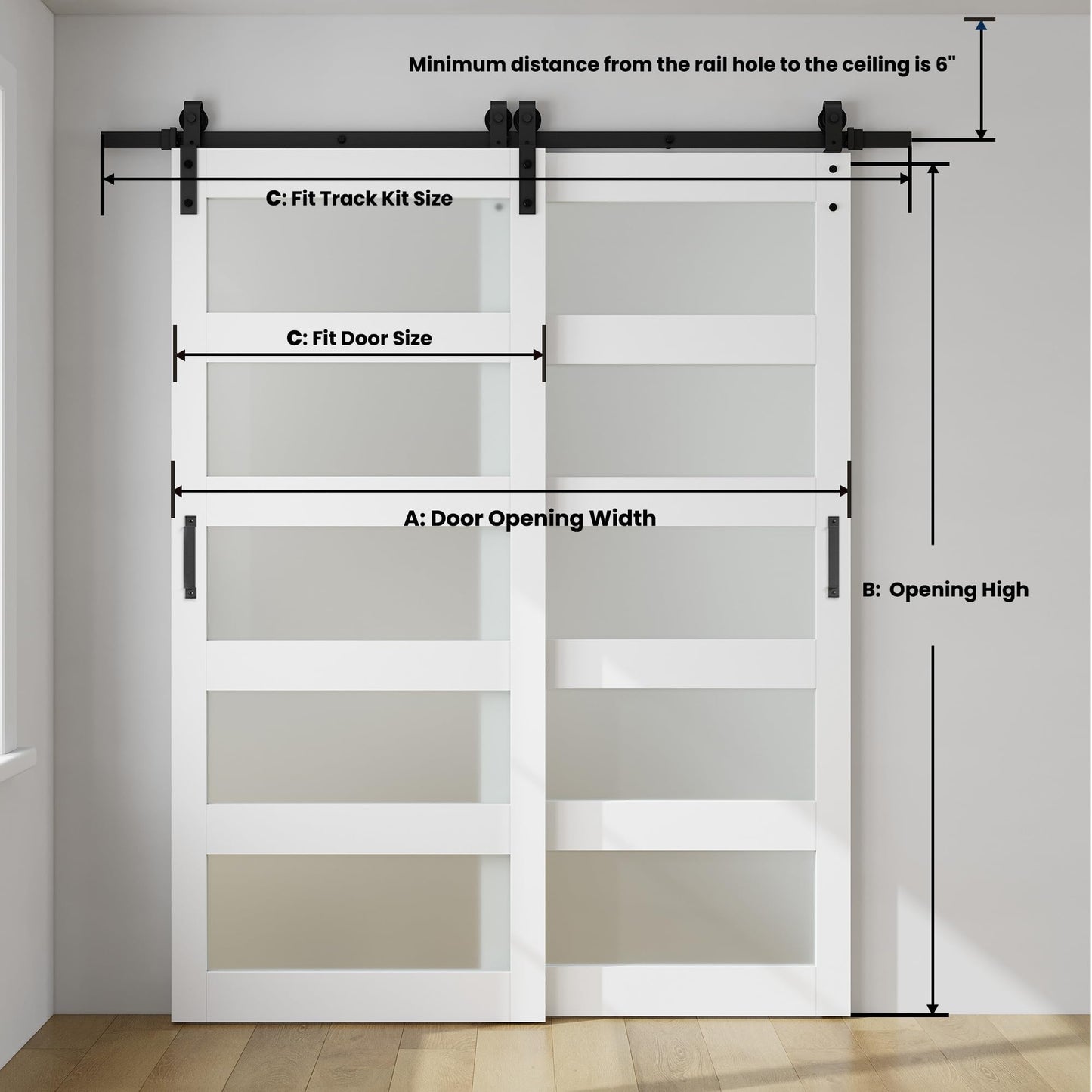 SmartStandard 36in x 84in Double Glass Sliding Barn Door with 6.6FT Bypass Sliding Barn Door Hardware Kit, 5-Panel Frosted Glass,Waterproof, Save Space, Easy Install, Fit 60"-64" Openning, White