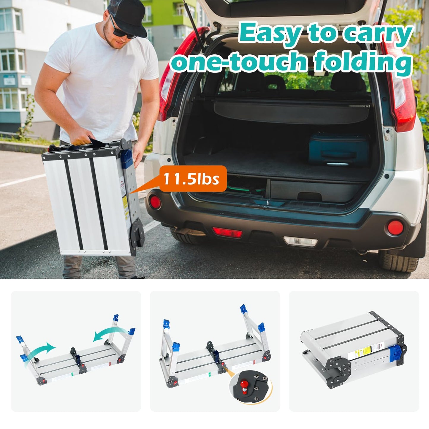 LEADALLWAY Portable Work Platform Height Adjustment 33"(L) x12(W) x20(H) Foldable Step Stool Aluminum Platform Ladder with One-Touch Automatic Fold 330 Lbs Capacity