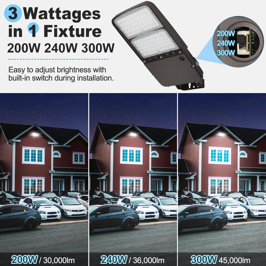 Xbuyee 300W LED Parking Lot Light with Dusk to Dawn Photocell, Outdoor Dimmable Area Lights with Trunnion Mount, 45000LM 5000K Daylight 100-277V IP65, Power Selectable (300W/240W/200W) ETL