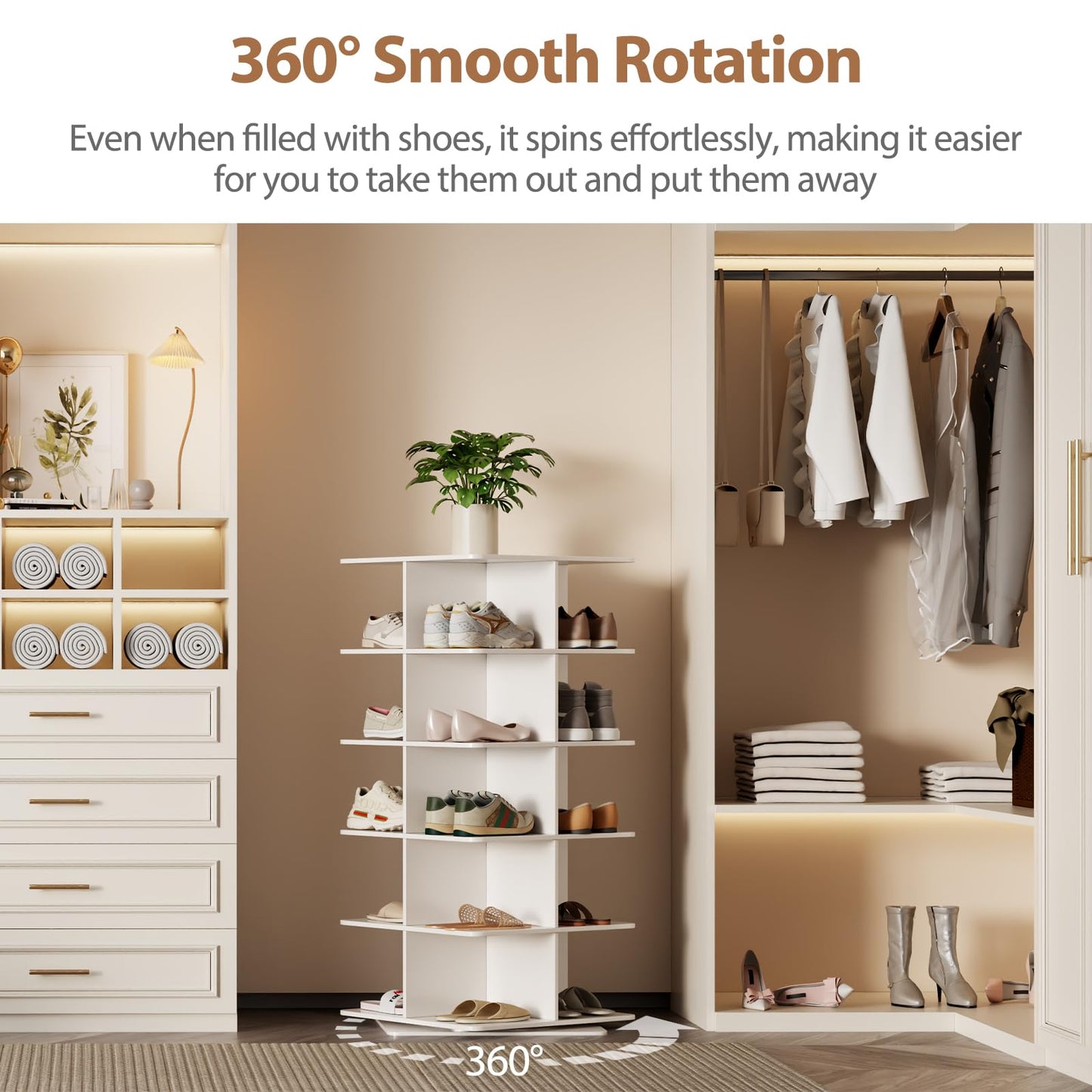 Yuncraft Rotating Shoe Rack Tower, PVC Material Structure, 5-Tier 360° Swivel Lightweight Shoe Organizer, Space-Saving Spinning Shoe Shelf for Entryway, Closet, Bedroom Nook