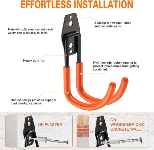HUPBIPY Heavy Duty Garage Hooks - J Shaped Wall Mounted Storage System for Tools & Ladders | 4 Pack