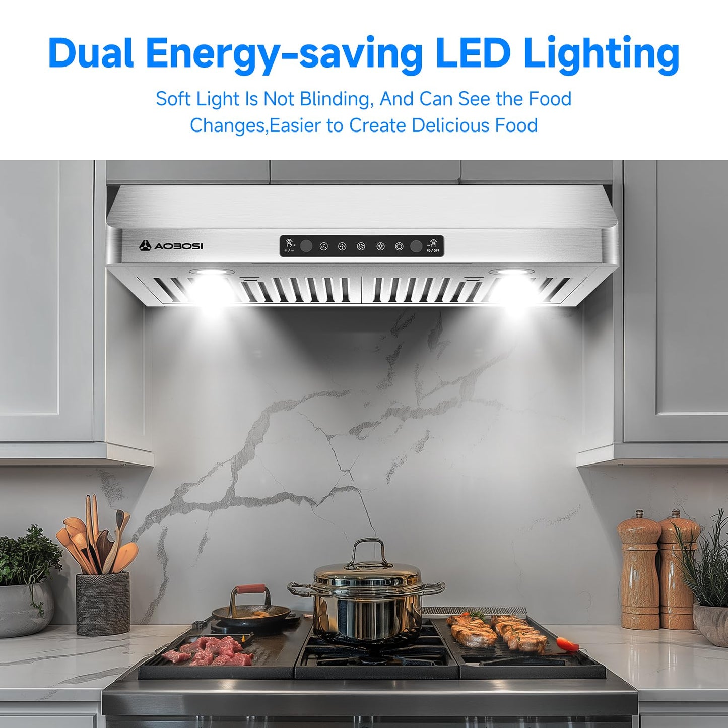 AAOBOSI 30 Inch Under Cabinet Range Hood, 800 CFM Stainless Steel Kitchen Vent Hood with Gesture Sensing, Touch Control, 3-Speed Exhaust Fan, LED Lights, Ducted Range Hood