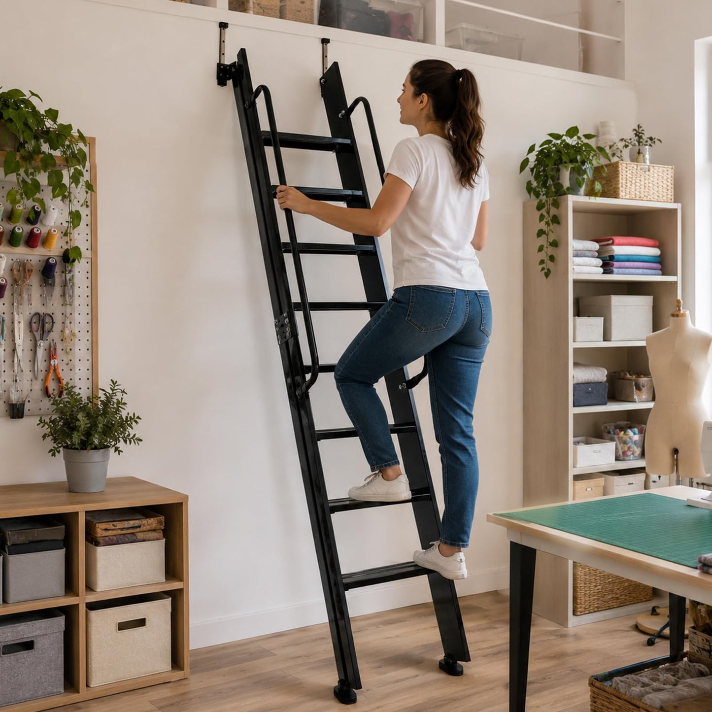 8.2FT Industrial Style Loft Ladder, with Double Handrails, 8 Steps Library Ladder, 1100LBS Capacity, Carbon Steel Attic Loft Stairs, Wall Mounted Loft Ladder for Home Library Warehouse