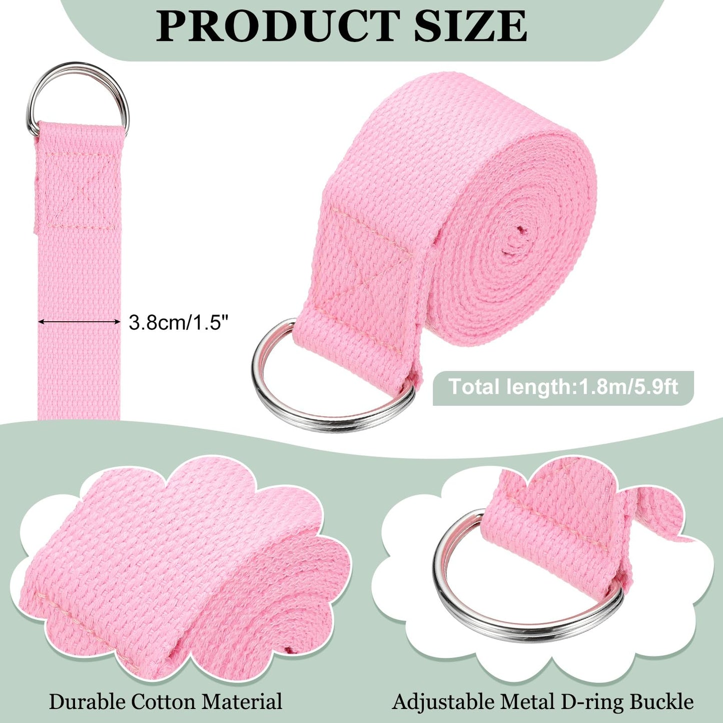 YELARXI Yoga Strap for Stretching, Athletic Stretch Band 5.9ft & Pink with Adjustable Metal D Ring Buckle Yoga Bands - Fitting for (Pilates/Physical Fitness/Gym Workout Dance)
