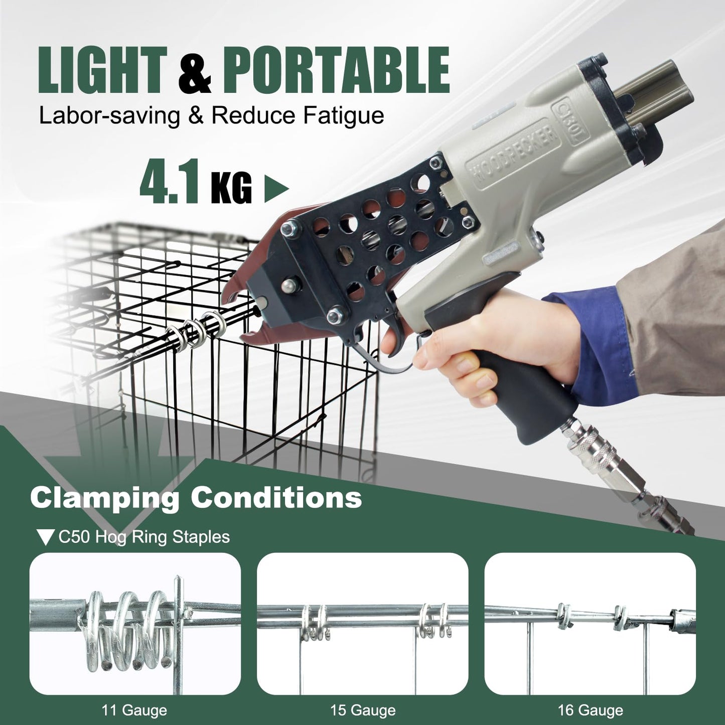 Woodpecker C130L 11 Gauge Pneumatic Heavy Duty Hog Ring Plier with 304 Stainless C50 Hog Ring Staples 1600PCS