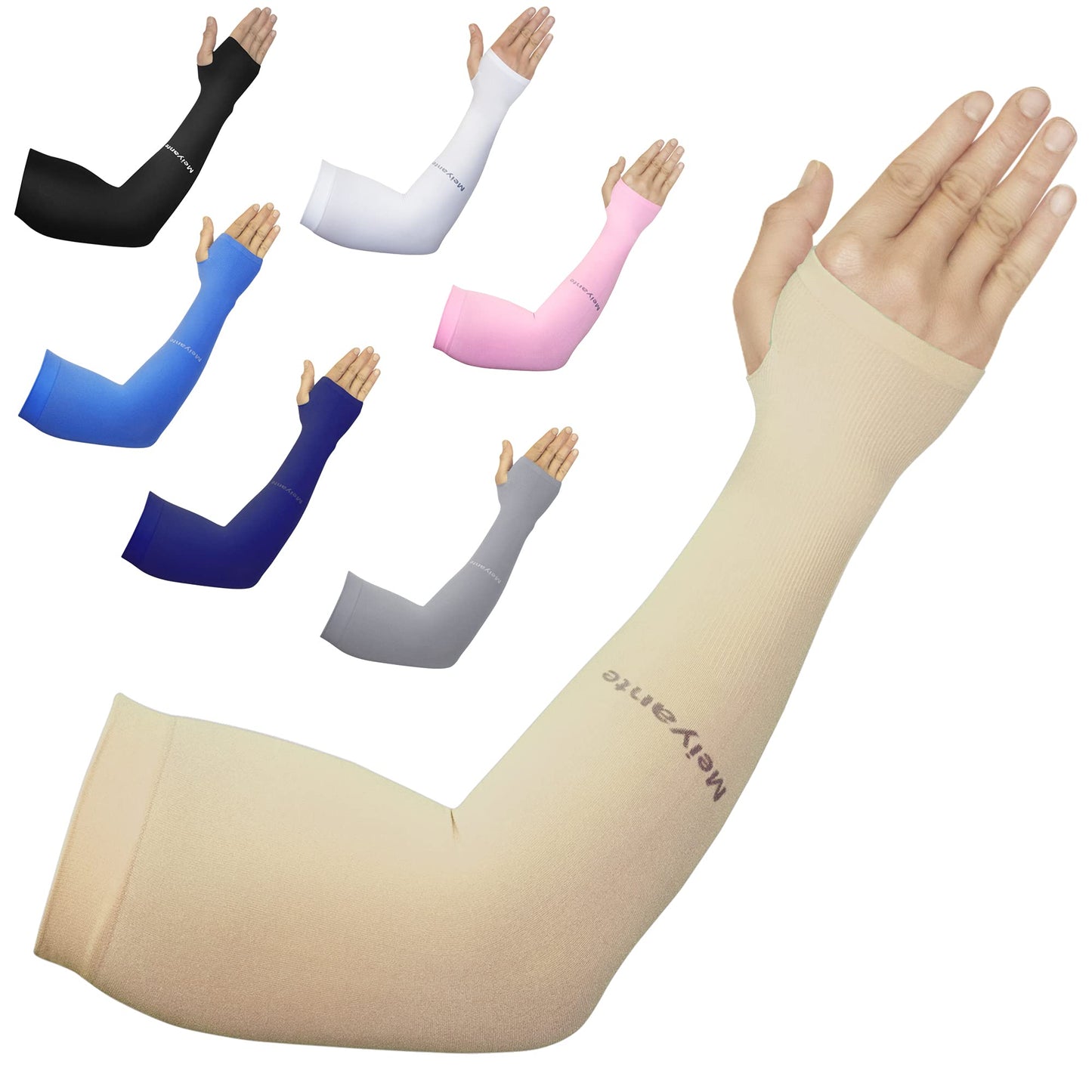 Meiyante Arm Sleeves with Thumb Holes for Men & Women, Cooling UPF 50+ UV Sun Protection Sleeves with Palm Coverage, Breathable Compression Sleeves for Golf, Driving, Running, Gardening & Tattoo Cover