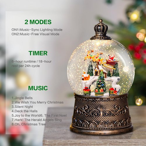 Christmas Snow Globes Lantern - Musical Winter Village Scene with Swirling Glitter | USB/Battery Powered, 6-Hour Timer