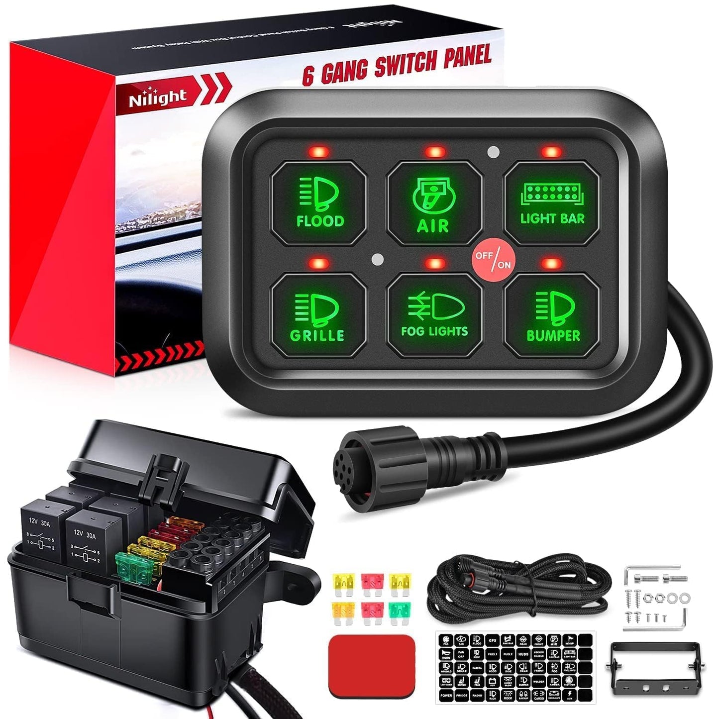 Nilight 6 Gang Switch Panel Universal Circuit Control Relay System with Fuse Wiring Harness Automatic Dimmable ON-Off LED Switch Pod for Cars Trucks Boats ATV UTV SUV, 2 Years Warranty
