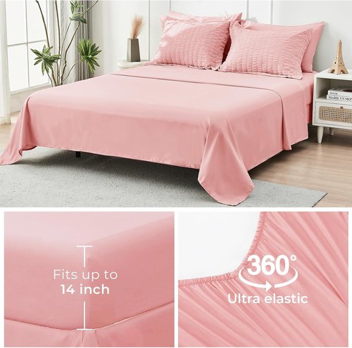 HYMOKEGE California King Comforter Set - Luxury 7-Piece Seersucker Bedding in Rose Pink